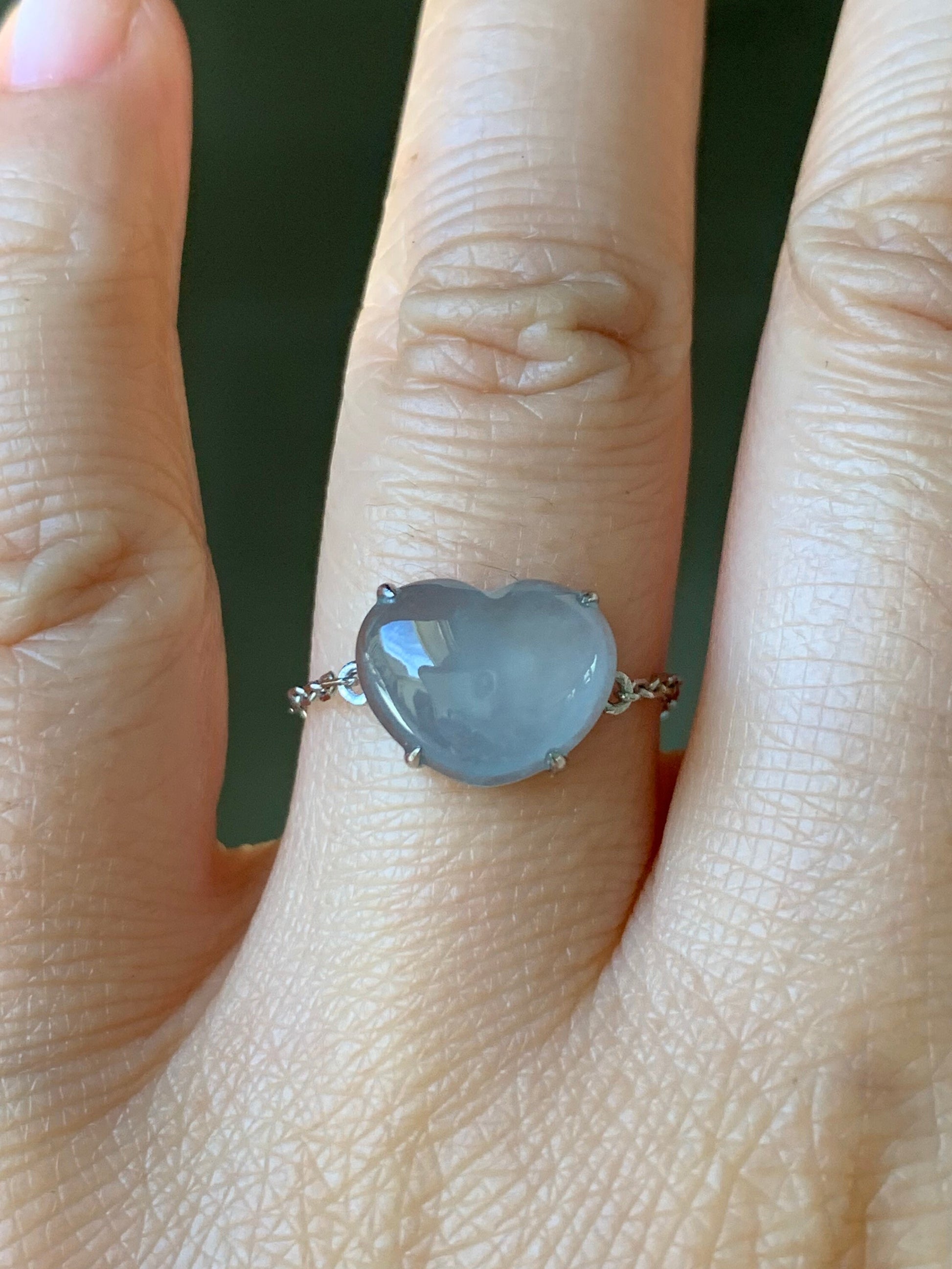 Certified Natural Burmese Premium Sky Blue Jadeite Heart Ring with adjustable Chain up to size 7.5 18K White Gold 天然缅甸正冰起光天空蓝翡翠爱心镶嵌戒指