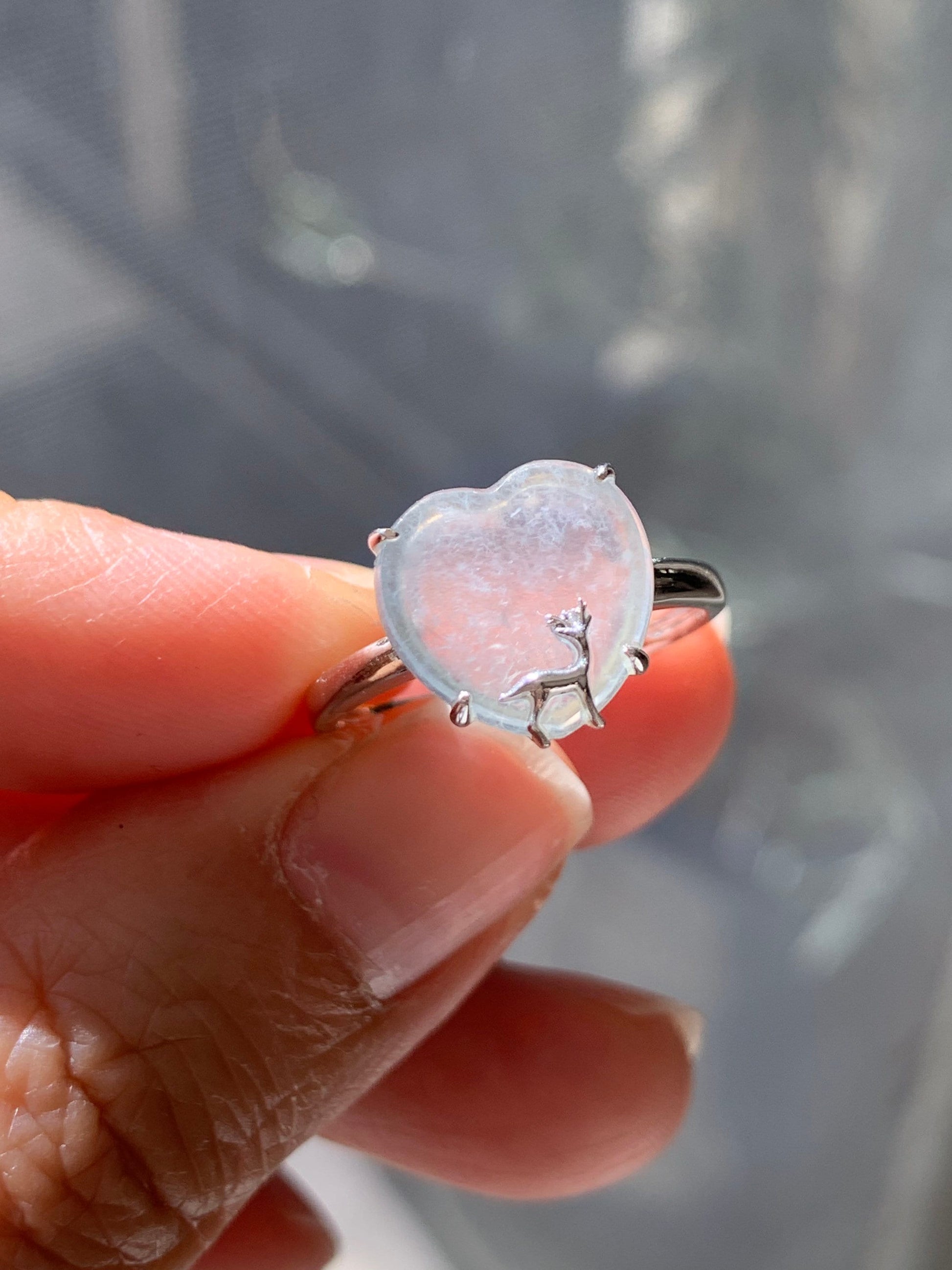 Certified Natural Burmese Premium Transparent Glassy Jadeite Heart Ring 18K White Gold Sz 7 天然缅甸玻璃种起钢翡翠爱心小鹿镶嵌戒指