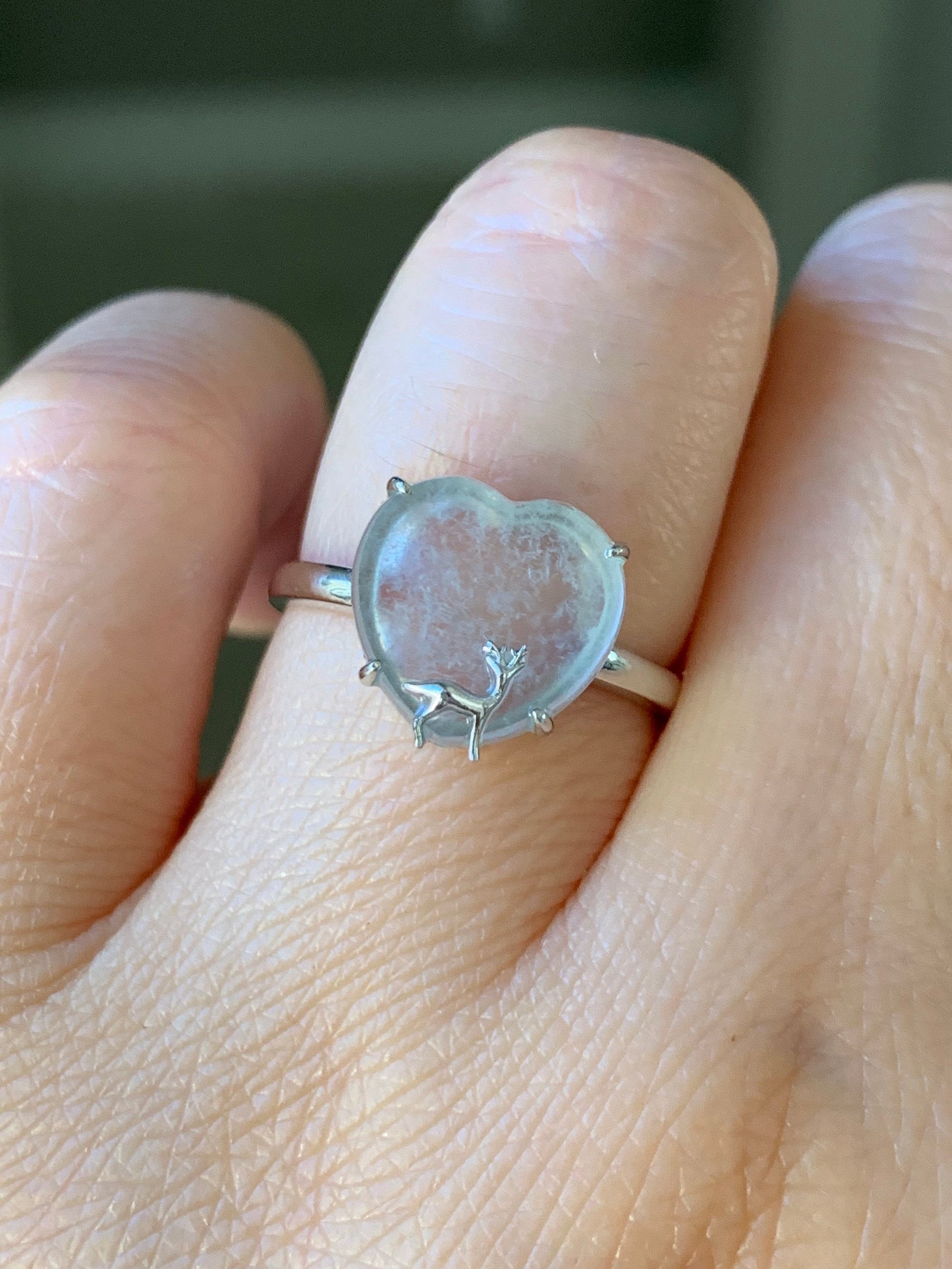 Certified Natural Burmese Premium Transparent Glassy Jadeite Heart Ring 18K White Gold Sz 7 天然缅甸玻璃种起钢翡翠爱心小鹿镶嵌戒指
