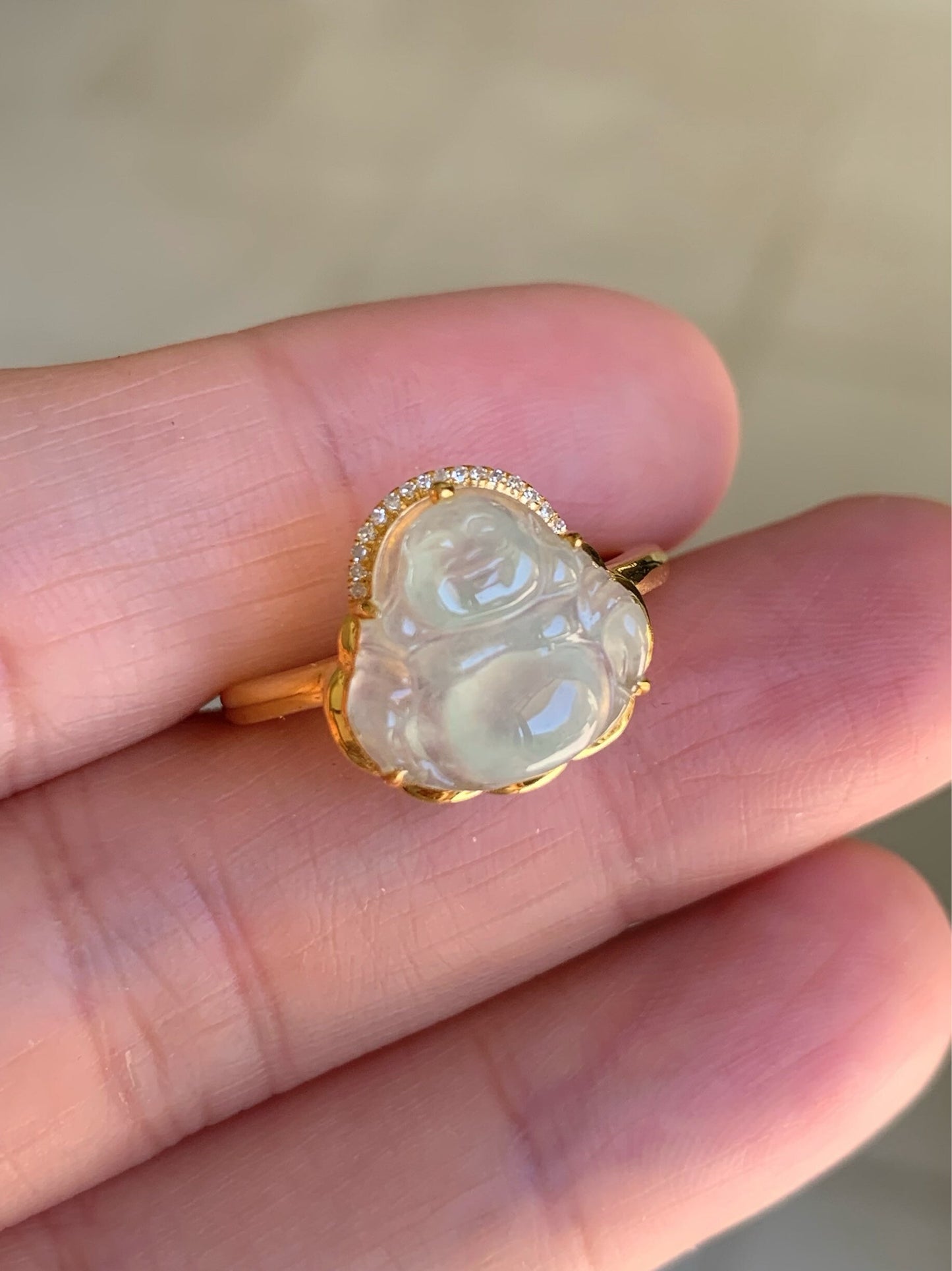 Certified Natural Burmese Premium Transparent Light Green Jadeite Buddha Ring 18K Yellow Gold & Diamonds Size 7 天然缅甸高冰起光晴底翡翠佛公18K钻石镶嵌戒指