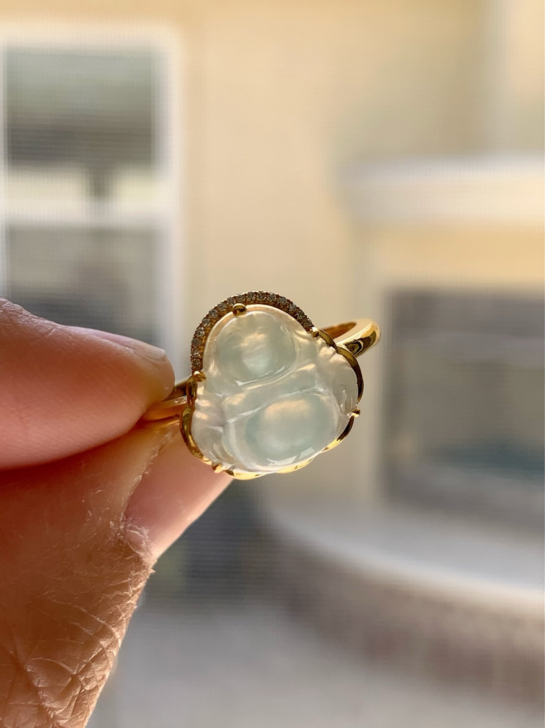 Certified Natural Burmese Premium Transparent Light Green Jadeite Buddha Ring 18K Yellow Gold & Diamonds Size 7 天然缅甸高冰起光晴底翡翠佛公18K钻石镶嵌戒指