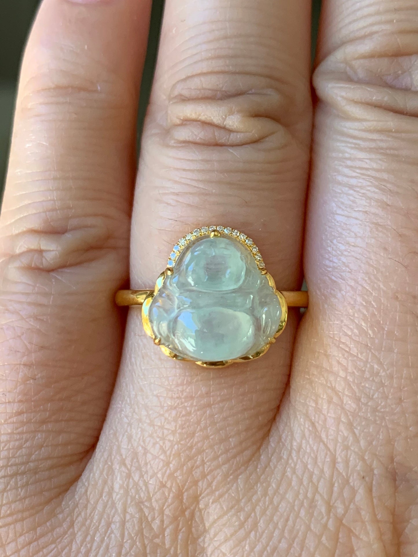 Certified Natural Burmese Premium Transparent Light Green Jadeite Buddha Ring 18K Yellow Gold & Diamonds Size 7 天然缅甸高冰起光晴底翡翠佛公18K钻石镶嵌戒指