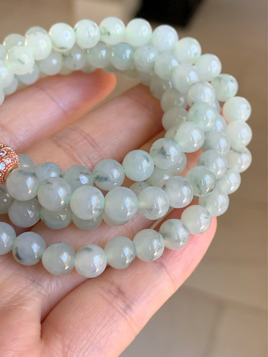 Burmese Natural Icy Highly Translucent Gelatinous Light Green Marbling Jadeite Beaded Necklace 7mm 26” 天然缅甸正冰起胶飘花翡翠长串