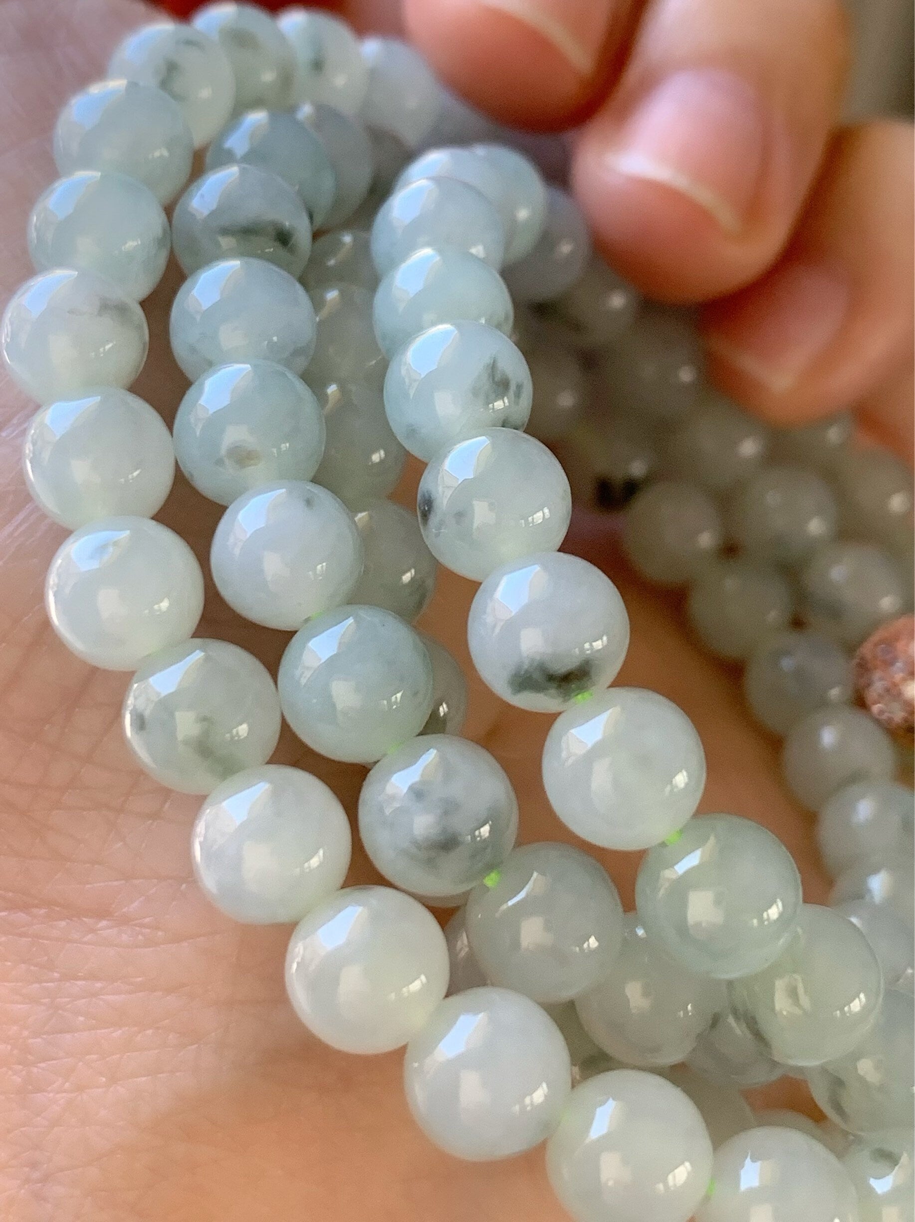 Burmese Natural Icy Highly Translucent Gelatinous Light Green Marbling Jadeite Beaded Necklace 7mm 26” 天然缅甸正冰起胶飘花翡翠长串