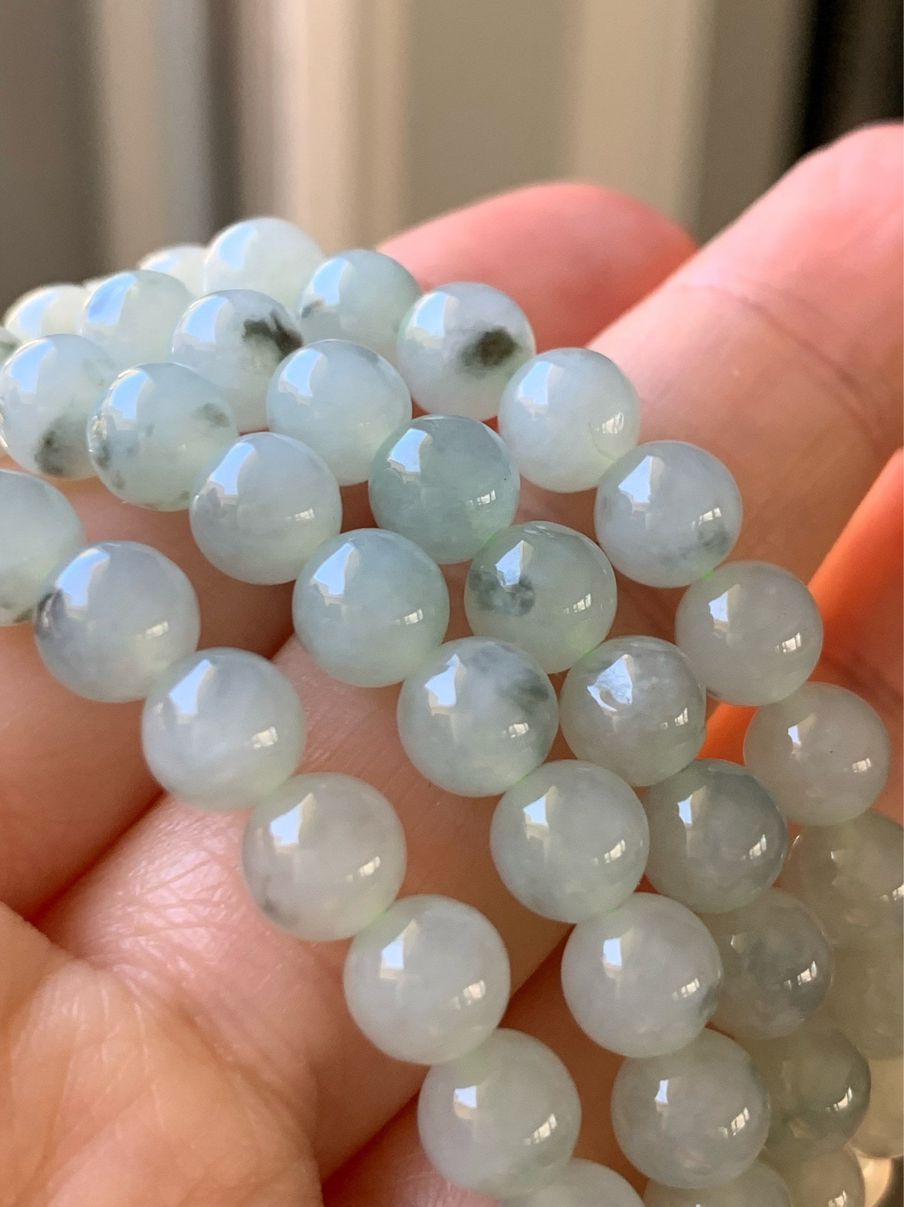 Burmese Natural Icy Highly Translucent Gelatinous Light Green Marbling Jadeite Beaded Necklace 7mm 26” 天然缅甸正冰起胶飘花翡翠长串
