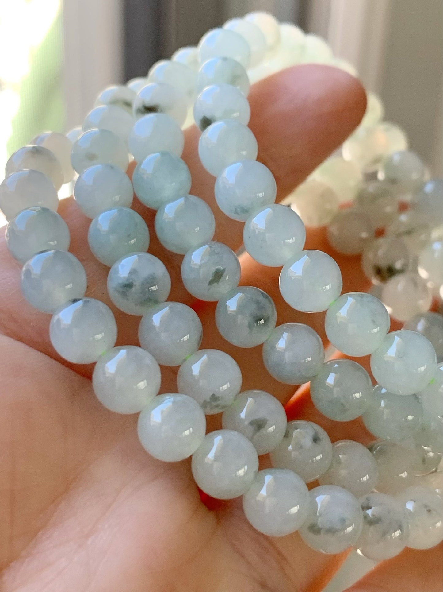 Burmese Natural Icy Highly Translucent Gelatinous Light Green Marbling Jadeite Beaded Necklace 7mm 26” 天然缅甸正冰起胶飘花翡翠长串