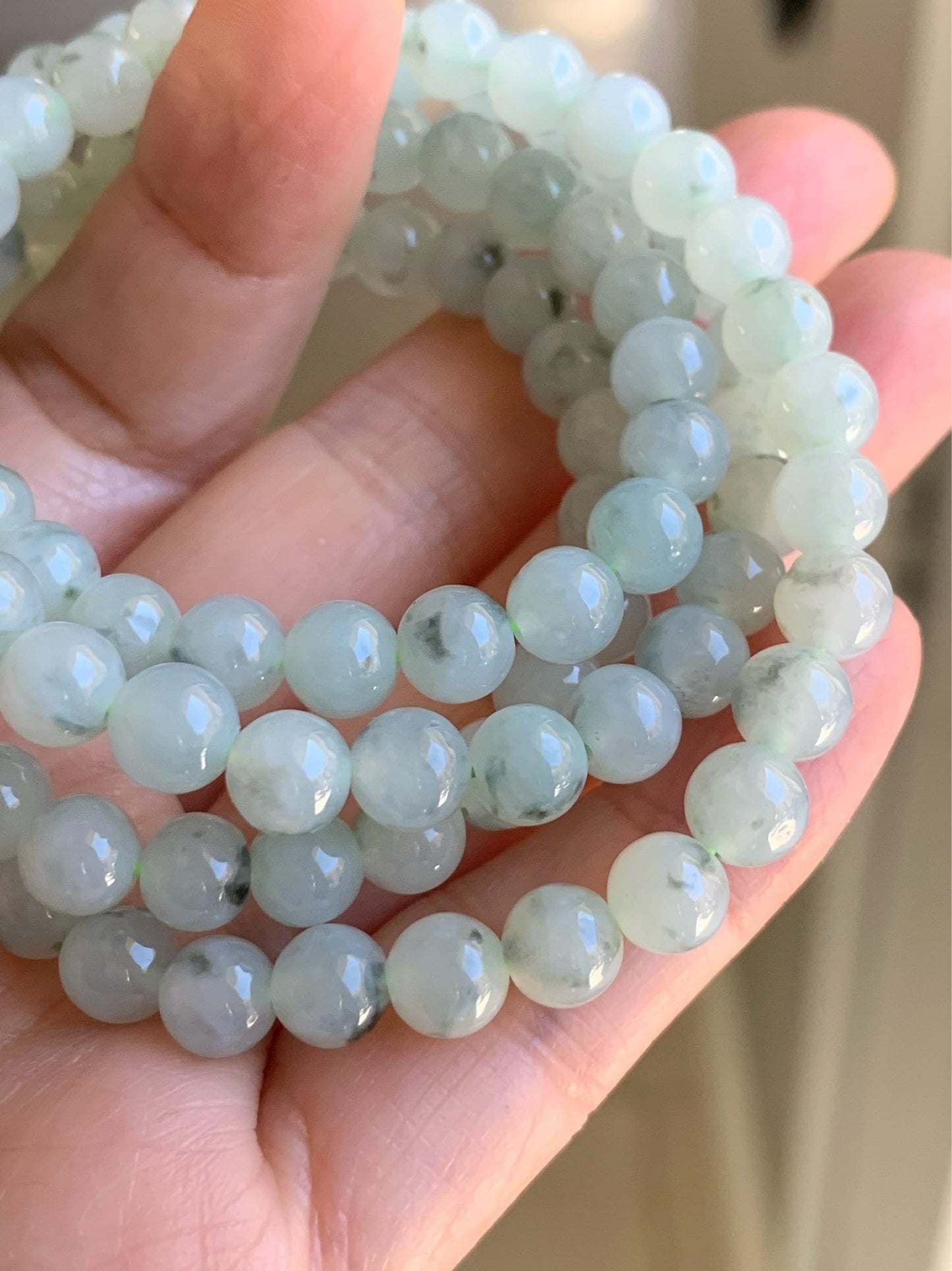 Burmese Natural Icy Highly Translucent Gelatinous Light Green Marbling Jadeite Beaded Necklace 7mm 26” 天然缅甸正冰起胶飘花翡翠长串