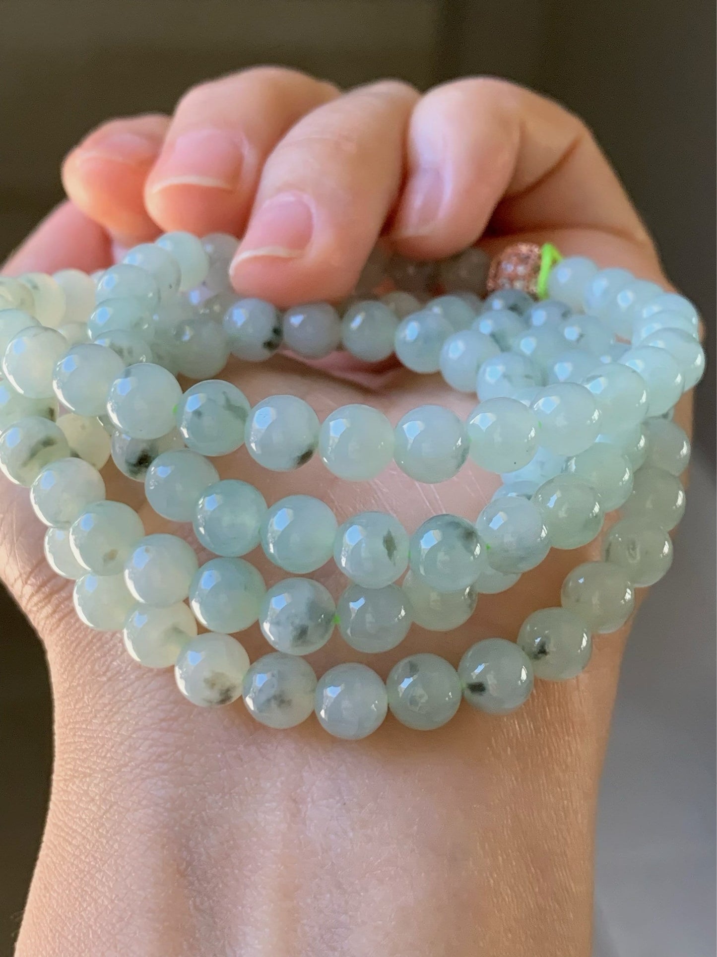 Burmese Natural Icy Highly Translucent Gelatinous Light Green Marbling Jadeite Beaded Necklace 7mm 26” 天然缅甸正冰起胶飘花翡翠长串