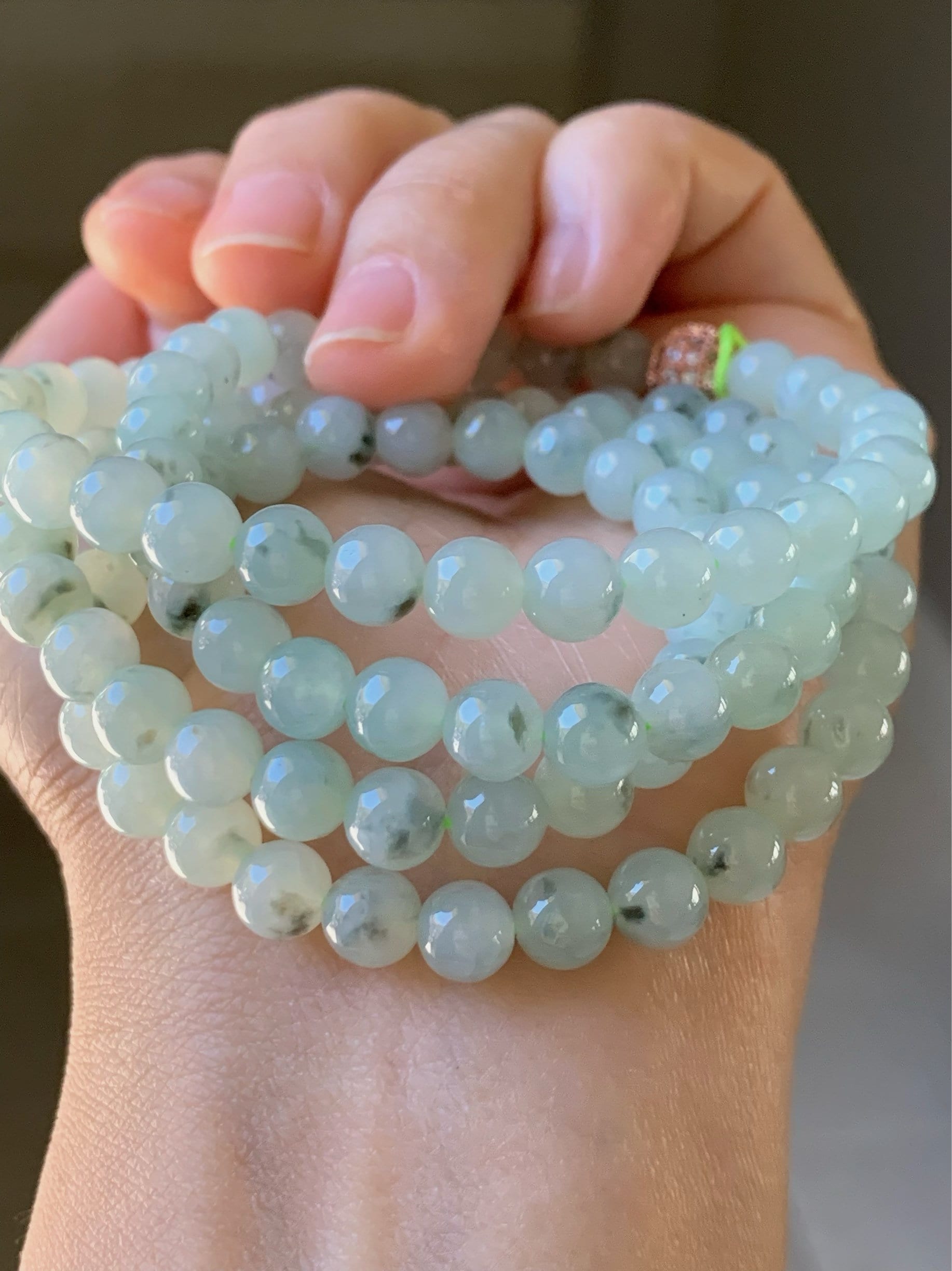 Burmese Natural Icy Highly Translucent Gelatinous Light Green Marbling Jadeite Beaded Necklace 7mm 26” 天然缅甸正冰起胶飘花翡翠长串