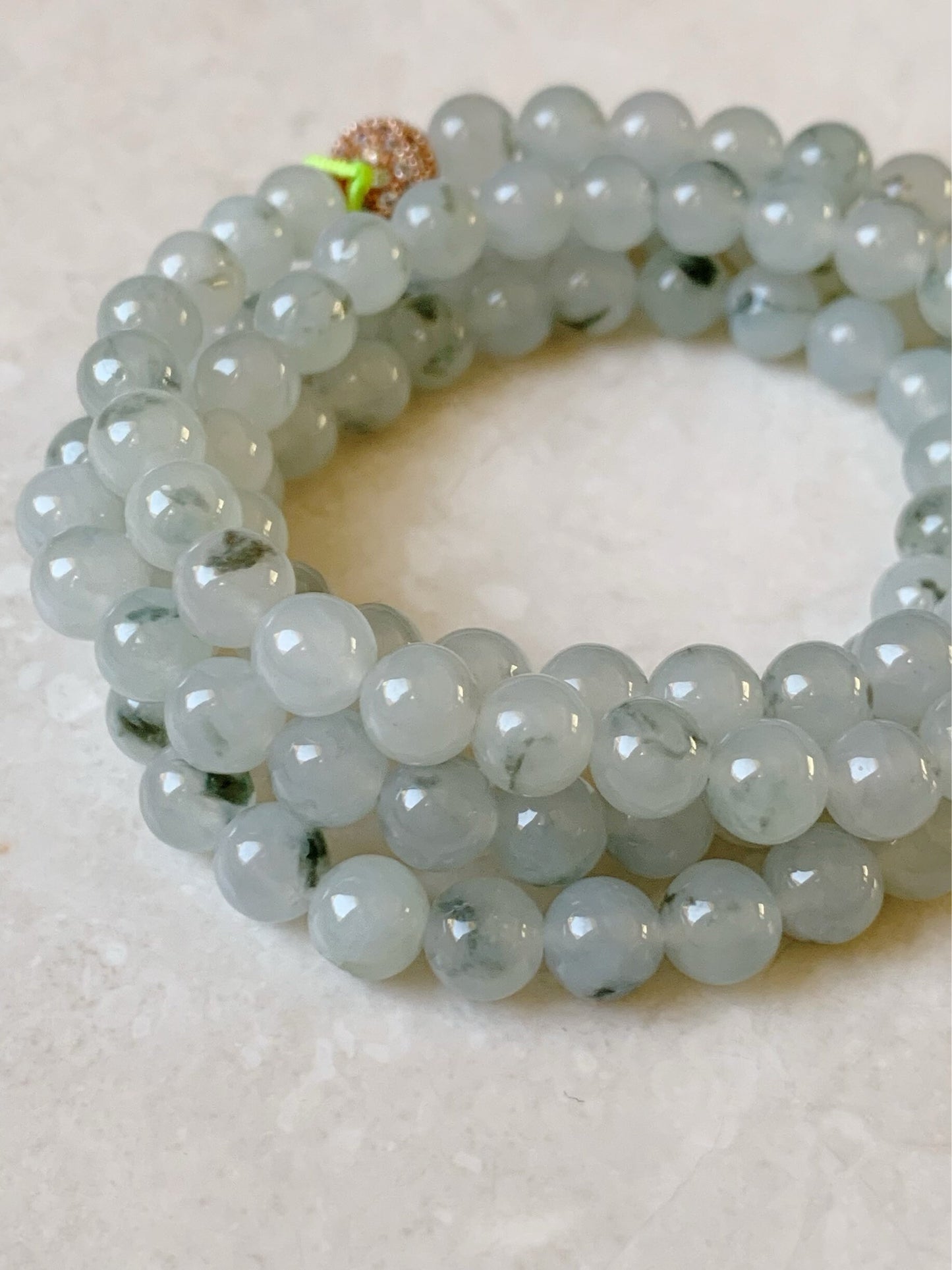 Burmese Natural Icy Highly Translucent Gelatinous Light Green Marbling Jadeite Beaded Necklace 7mm 26” 天然缅甸正冰起胶飘绿花翡翠长串