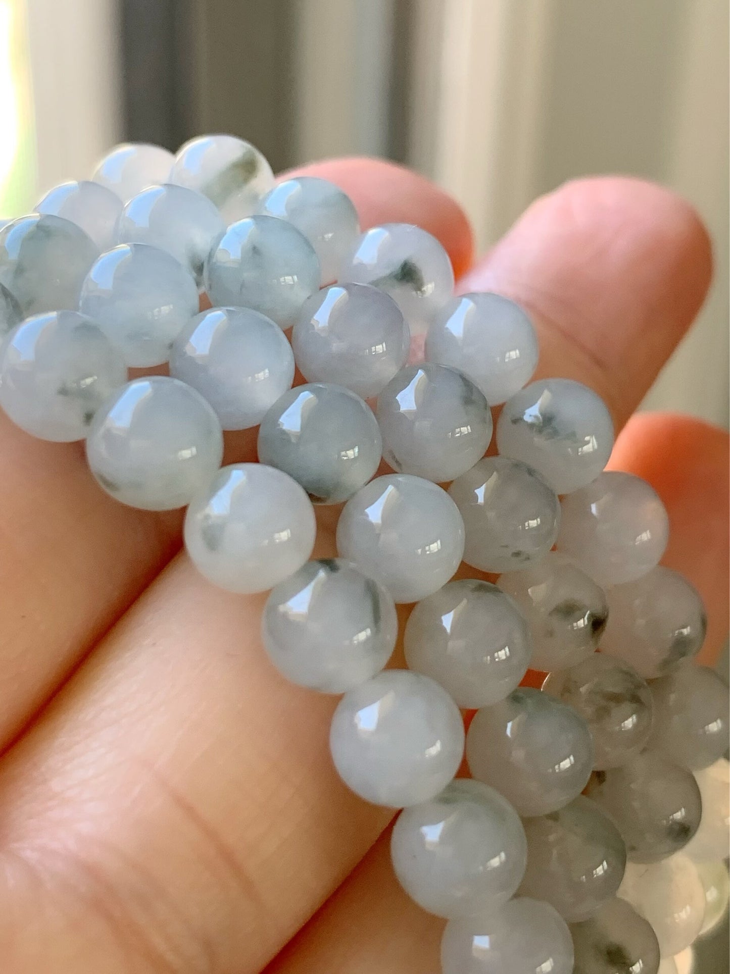 Burmese Natural Icy Highly Translucent Gelatinous Light Green Marbling Jadeite Beaded Necklace 7mm 26” 天然缅甸正冰起胶飘绿花翡翠长串