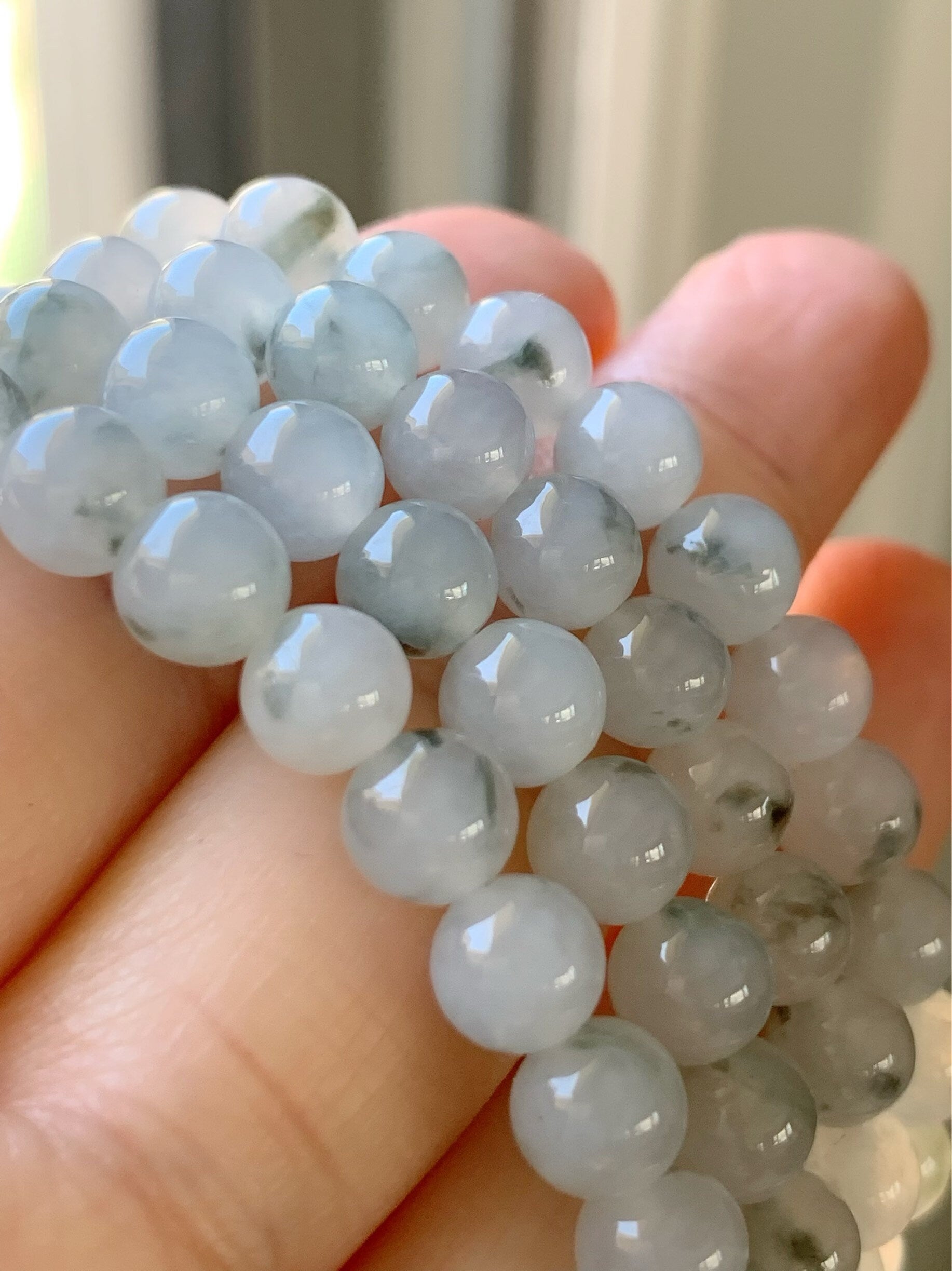Burmese Natural Icy Highly Translucent Gelatinous Light Green Marbling Jadeite Beaded Necklace 7mm 26” 天然缅甸正冰起胶飘绿花翡翠长串
