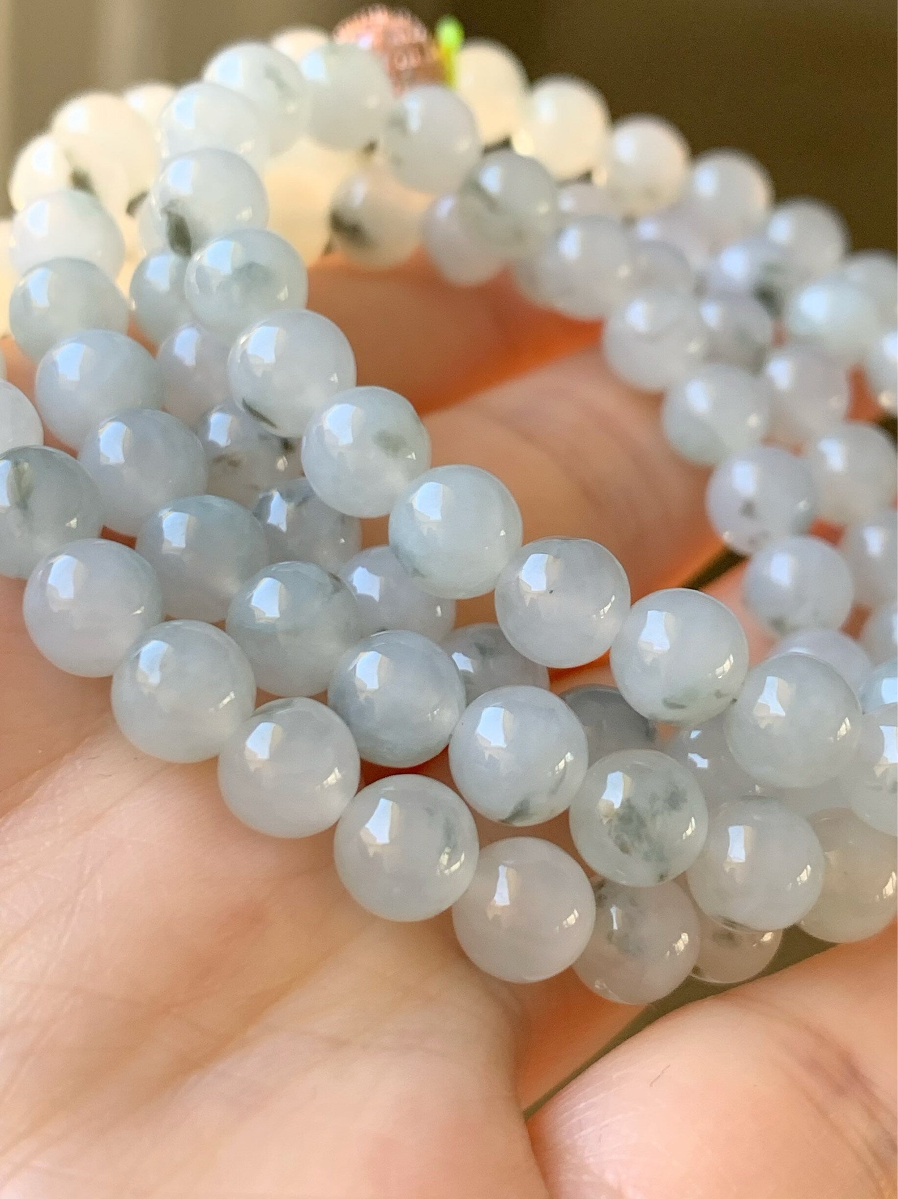 Burmese Natural Icy Highly Translucent Gelatinous Light Green Marbling Jadeite Beaded Necklace 7mm 26” 天然缅甸正冰起胶飘绿花翡翠长串