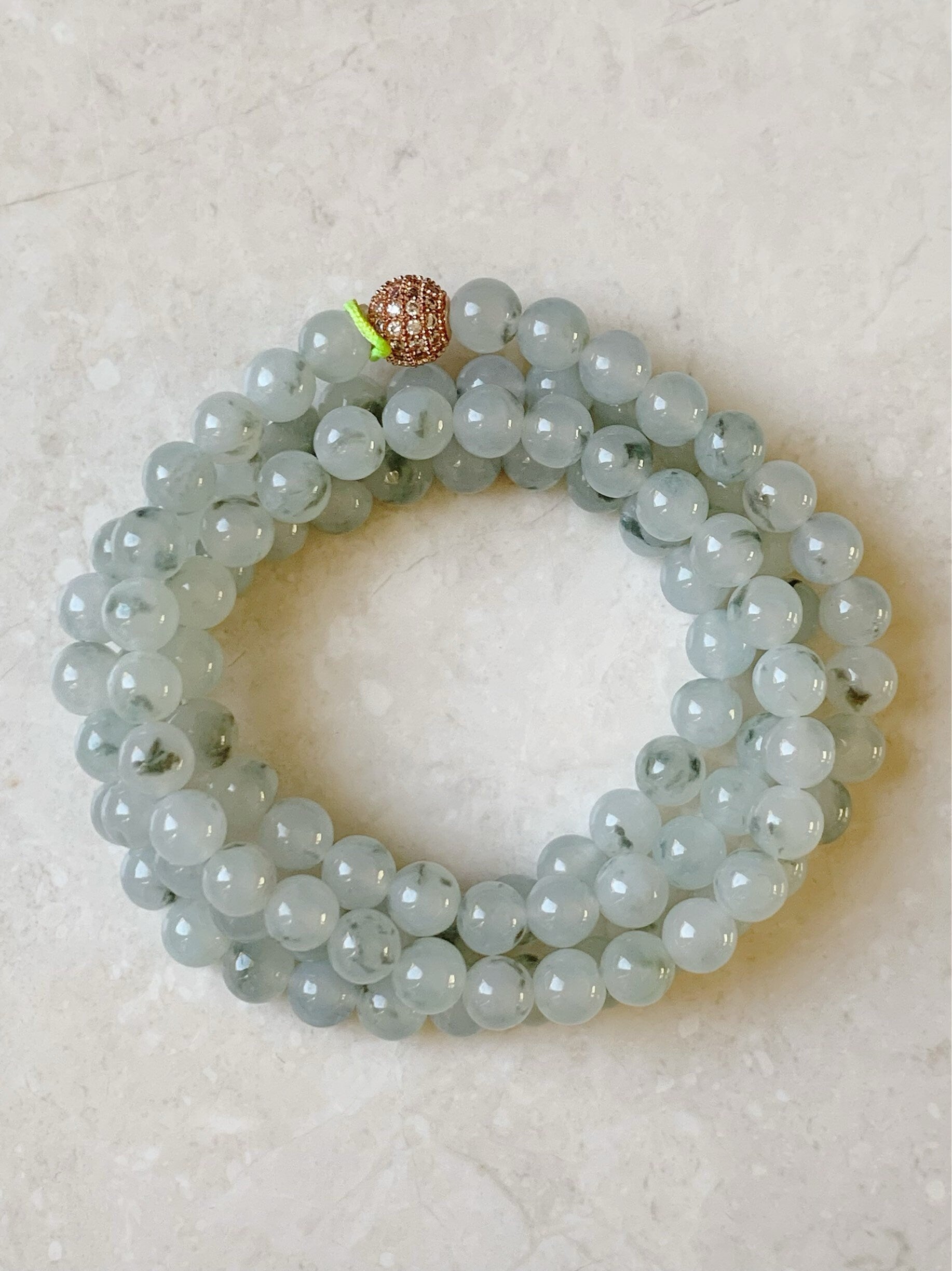 Burmese Natural Icy Highly Translucent Gelatinous Light Green Marbling Jadeite Beaded Necklace 7mm 26” 天然缅甸正冰起胶飘绿花翡翠长串
