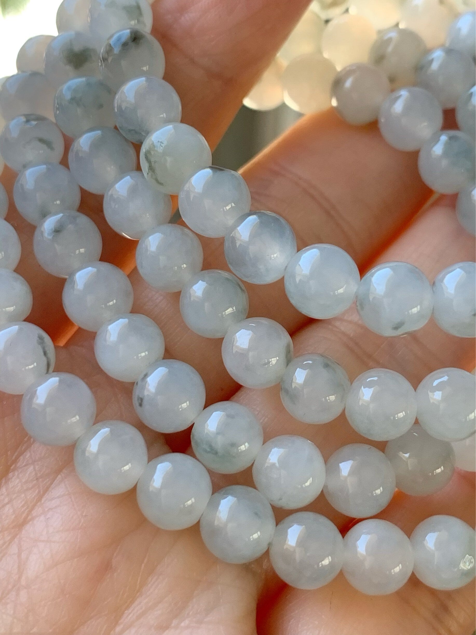Burmese Natural Icy Highly Translucent Gelatinous Light Green Marbling Jadeite Beaded Necklace 7mm 26” 天然缅甸正冰起胶飘绿花翡翠长串