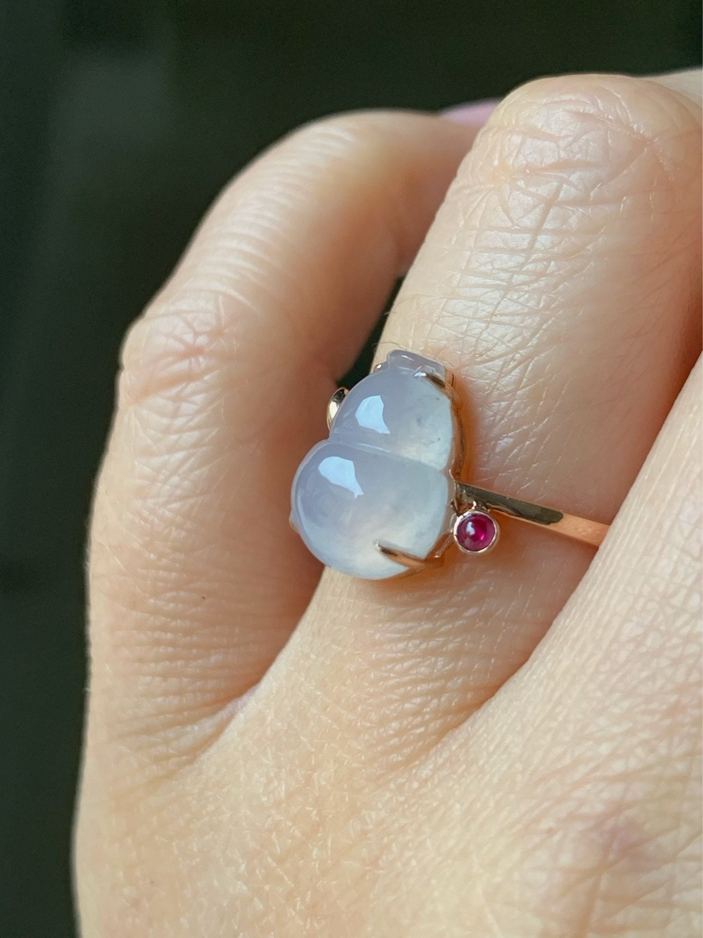Certified Natural Burmese Highly Translucent Gelatinous Pink Jadeite Hulu Gourd Ring 18K Rose Gold sz 7 天然缅甸冰粉起光起胶葫芦翡翠红宝镶嵌戒指