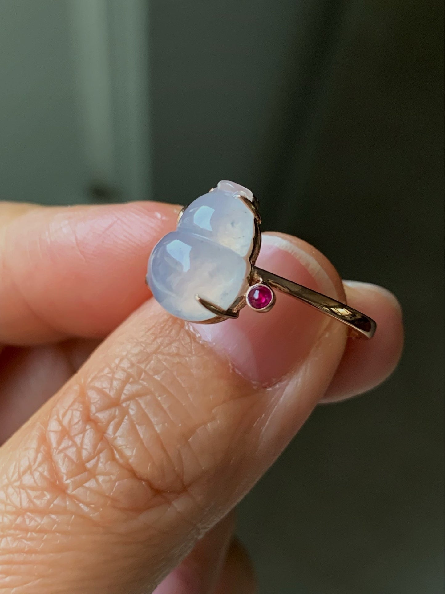 Certified Natural Burmese Highly Translucent Gelatinous Pink Jadeite Hulu Gourd Ring 18K Rose Gold sz 7 天然缅甸冰粉起光起胶葫芦翡翠红宝镶嵌戒指