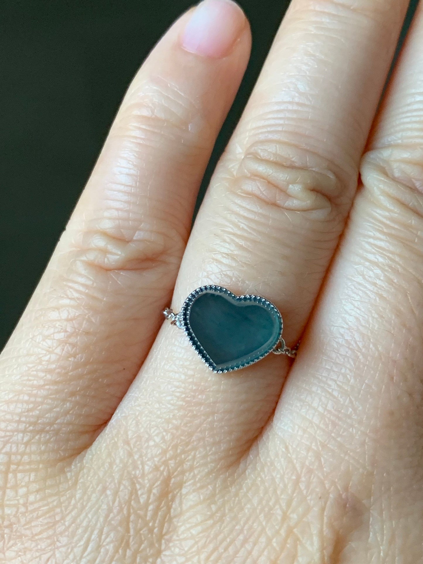 Certified Natural Burmese Translucent Teal Blue Jadeite Faceted Heart Ring w/ adjustable Chain up to size 8 18K White Gold 天然缅甸正冰湖水蓝翡翠爱心镶嵌戒指