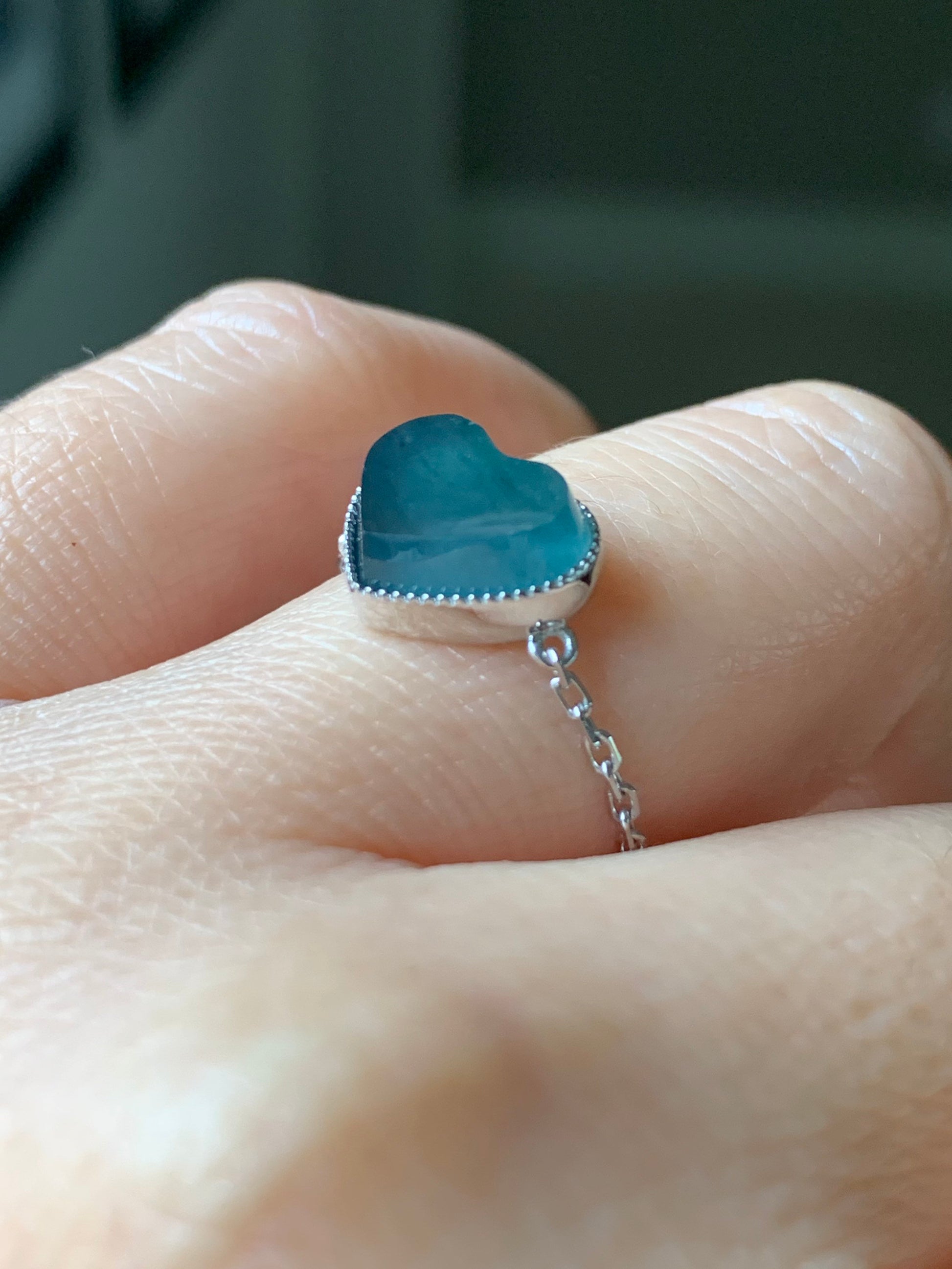 Certified Natural Burmese Translucent Teal Blue Jadeite Faceted Heart Ring w/ adjustable Chain up to size 8 18K White Gold 天然缅甸正冰湖水蓝翡翠爱心镶嵌戒指
