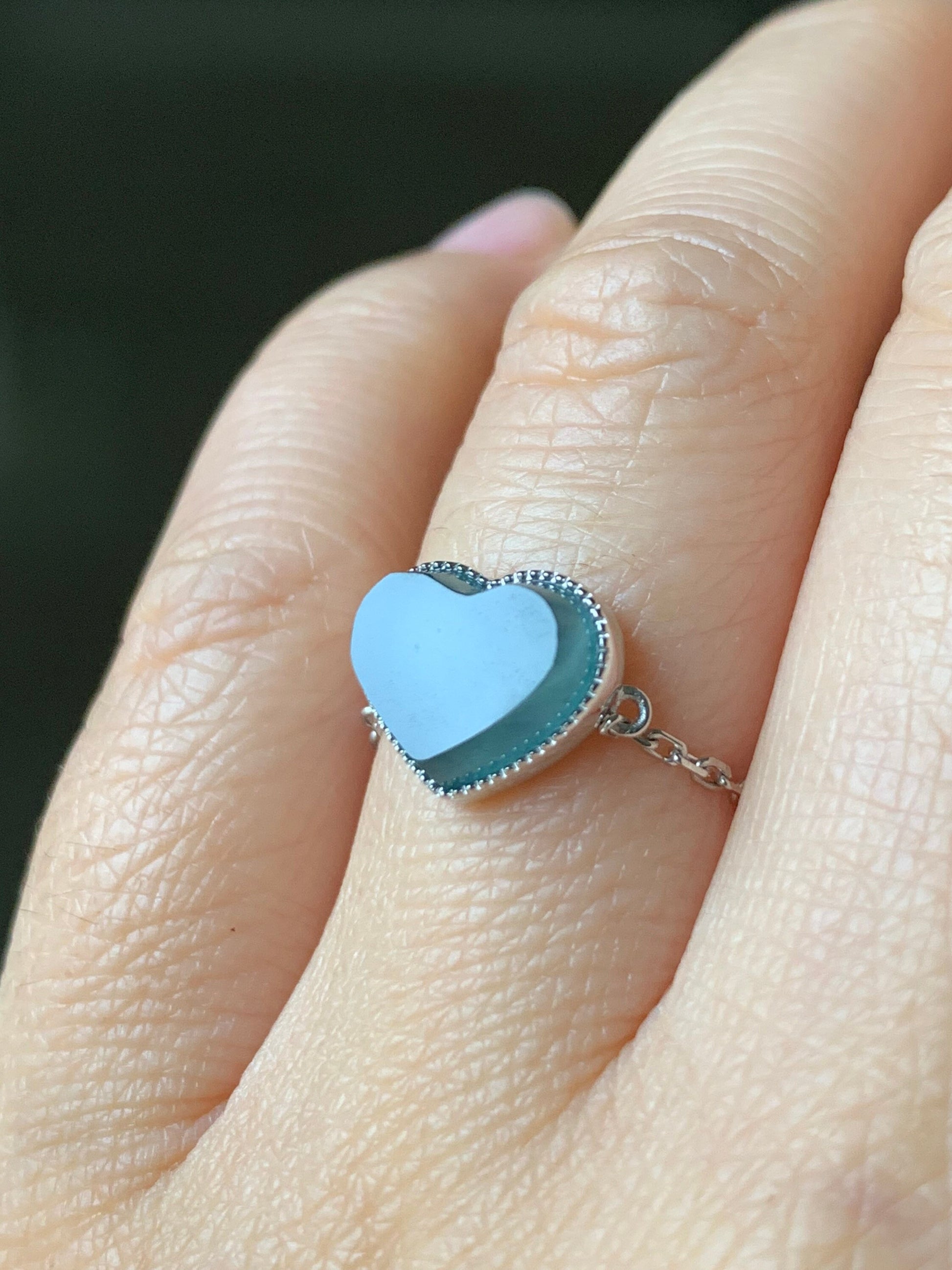 Certified Natural Burmese Translucent Teal Blue Jadeite Faceted Heart Ring w/ adjustable Chain up to size 8 18K White Gold 天然缅甸正冰湖水蓝翡翠爱心镶嵌戒指