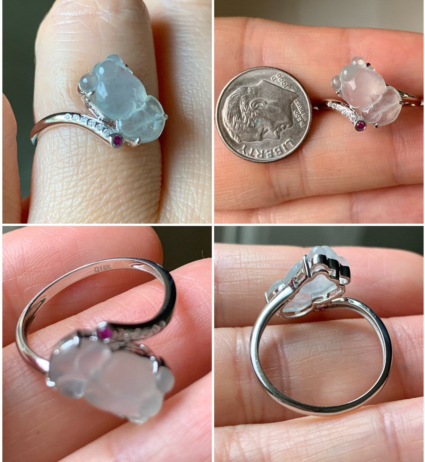 Certified Natural Burmese Transparent White Jadeite Carved Goldfish Diamond & Ruby Ring 18K White Gold sz 7 天然缅甸高冰起钢翡翠金鱼钻石红宝镶嵌戒指