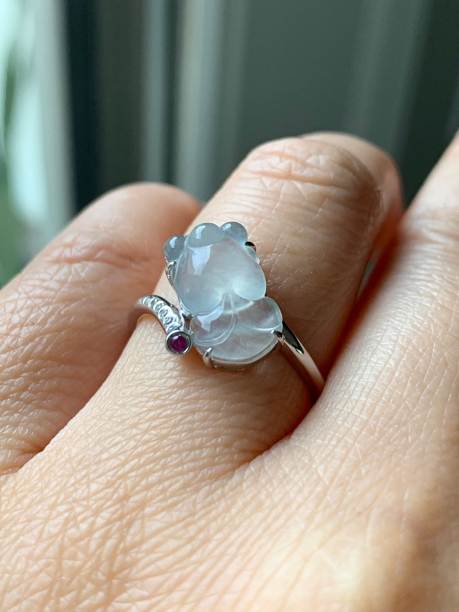 Certified Natural Burmese Transparent White Jadeite Carved Goldfish Diamond & Ruby Ring 18K White Gold sz 7 天然缅甸高冰起钢翡翠金鱼钻石红宝镶嵌戒指