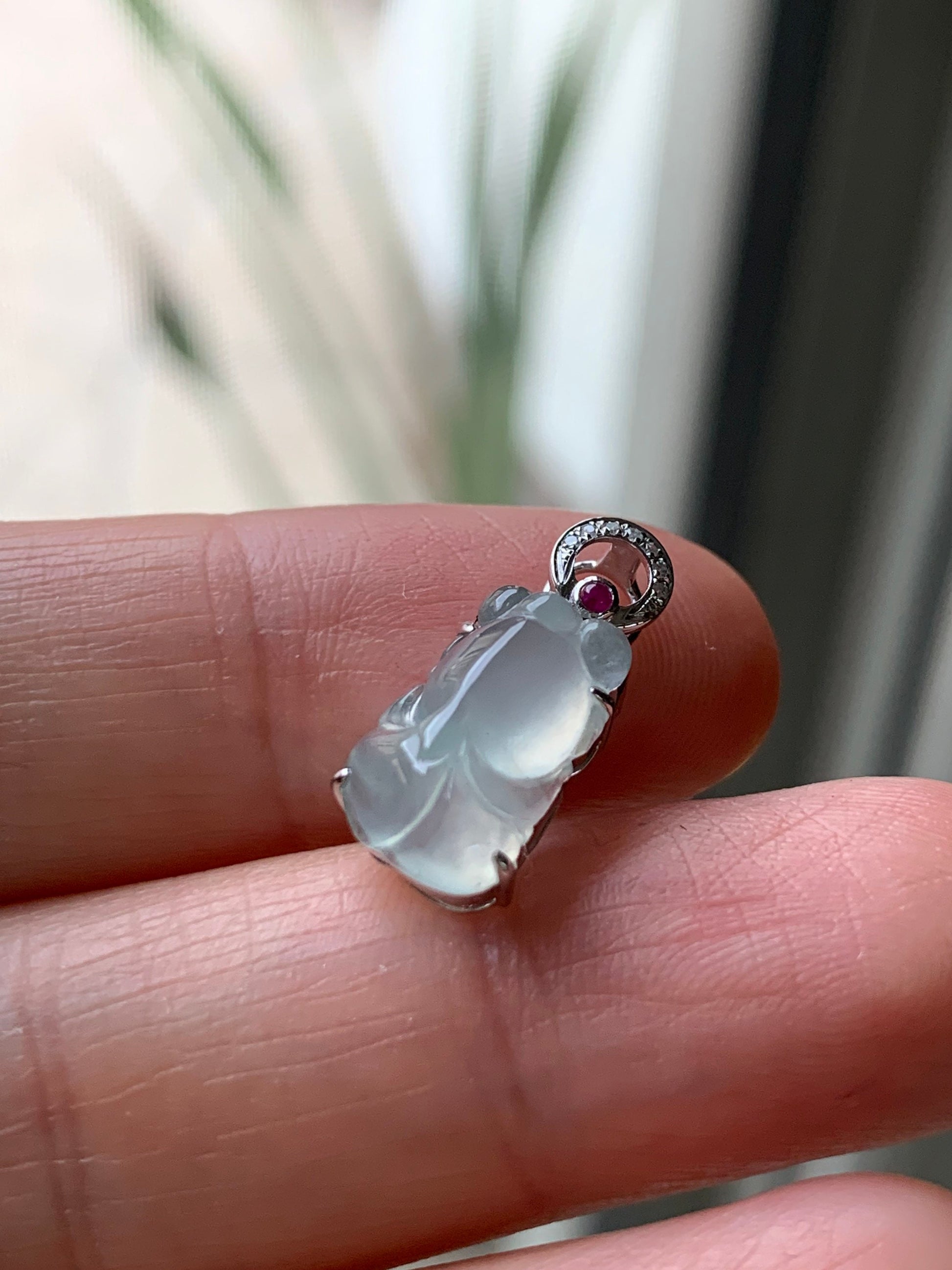 Certified Natural Burmese Icy Highly Translucent Gelatinous Jadeite Goldfish Diamond & Ruby Pendant 18K White Gold 天然缅甸冰胶起光翡翠金鱼钻石红宝镶嵌吊坠
