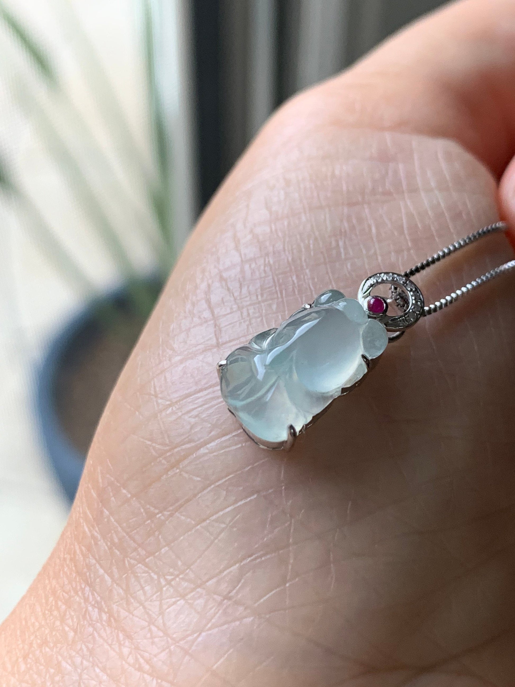 Certified Natural Burmese Icy Highly Translucent Gelatinous Jadeite Goldfish Diamond & Ruby Pendant 18K White Gold 天然缅甸冰胶起光翡翠金鱼钻石红宝镶嵌吊坠