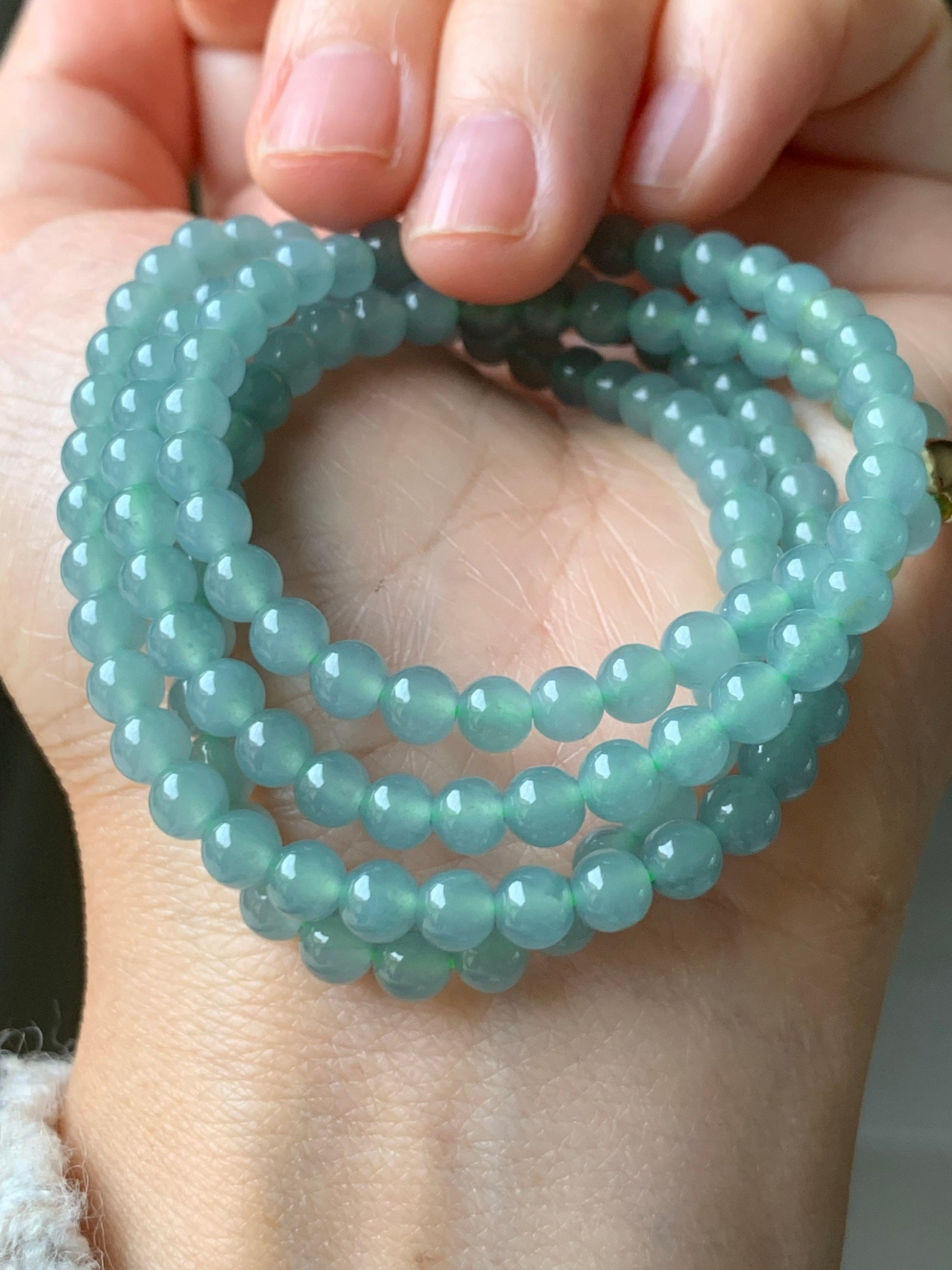 Natural Guatemalan Translucent Gelatinous Light Blue Jadeite Beaded Necklace 5mm 22” 天然危地马拉冰胶蓝水翡翠长串