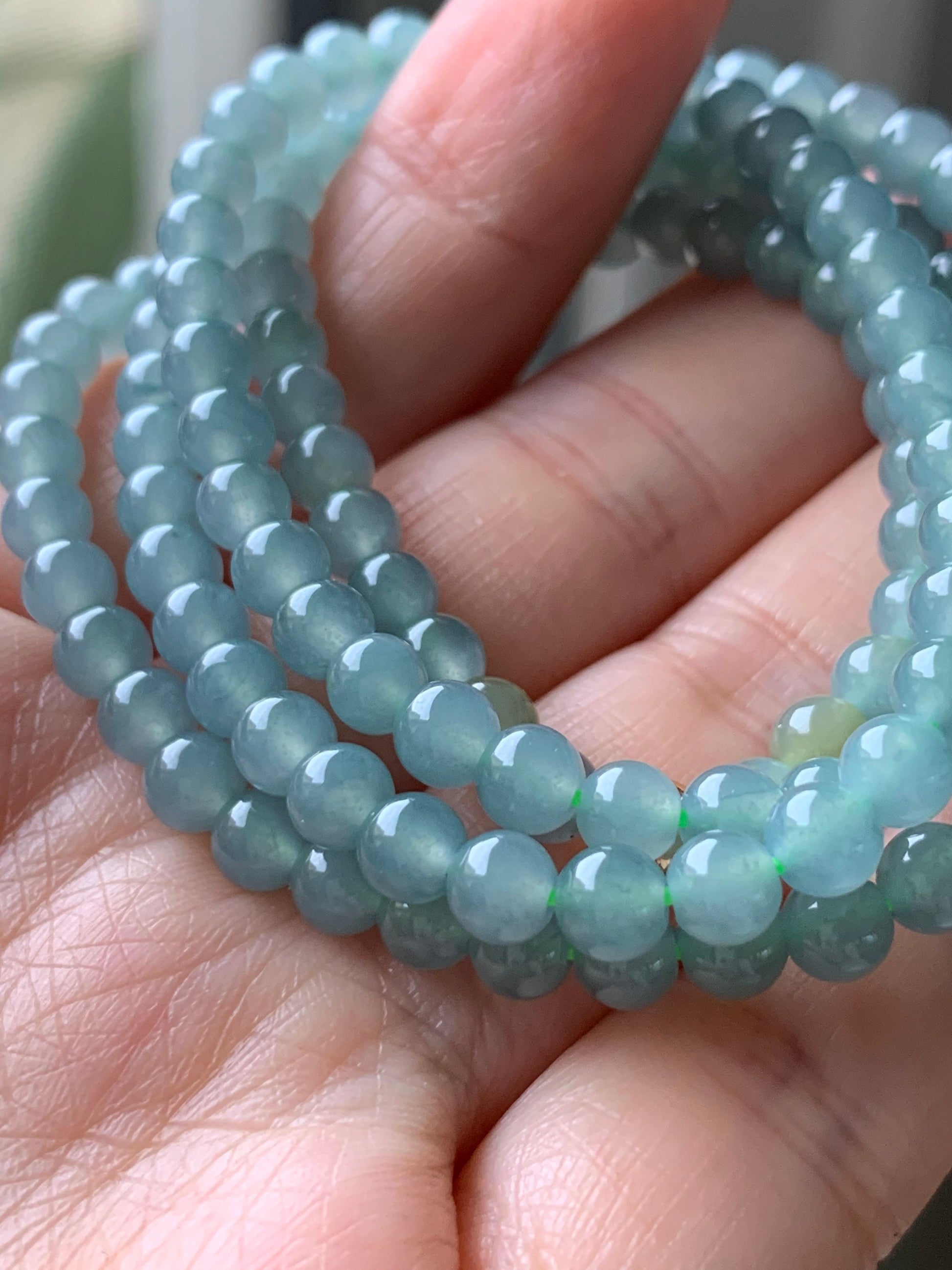 Natural Guatemalan Translucent Gelatinous Light Blue Jadeite Beaded Necklace 5mm 22” 天然危地马拉冰胶蓝水翡翠长串