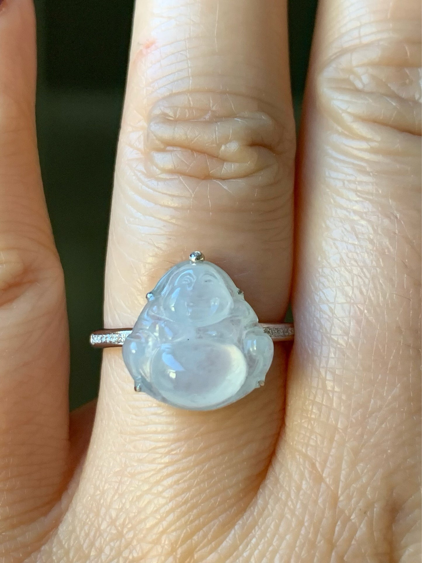 Certified Natural Burmese Translucent White Jadeite Buddha and Diamond Ring 18K White Gold Size 7 天然缅甸白冰翡翠佛公18K钻石镶嵌戒指