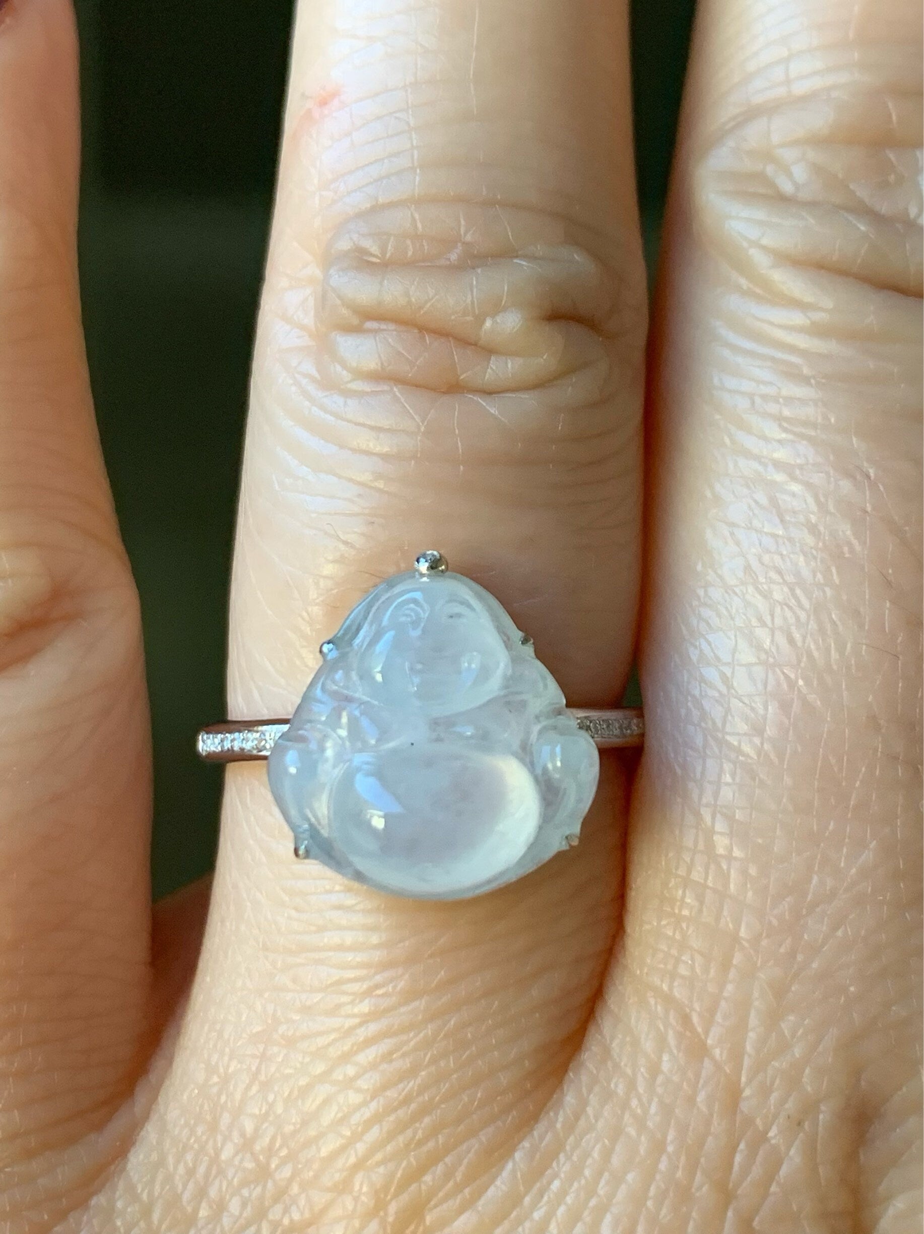 Certified Natural Burmese Translucent White Jadeite Buddha and Diamond Ring 18K White Gold Size 7 天然缅甸白冰翡翠佛公18K钻石镶嵌戒指