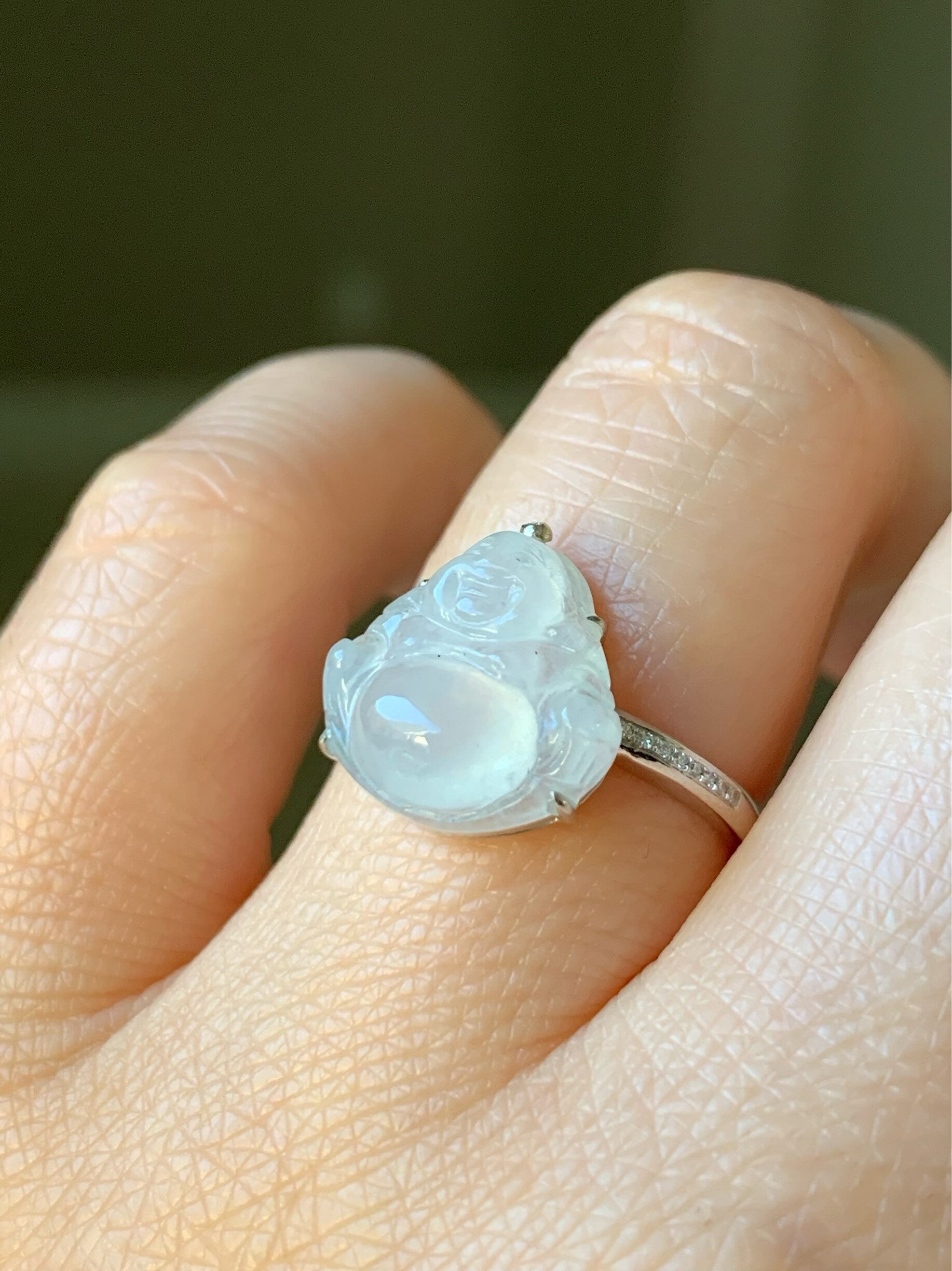 Certified Natural Burmese Translucent White Jadeite Buddha and Diamond Ring 18K White Gold Size 7 天然缅甸白冰翡翠佛公18K钻石镶嵌戒指
