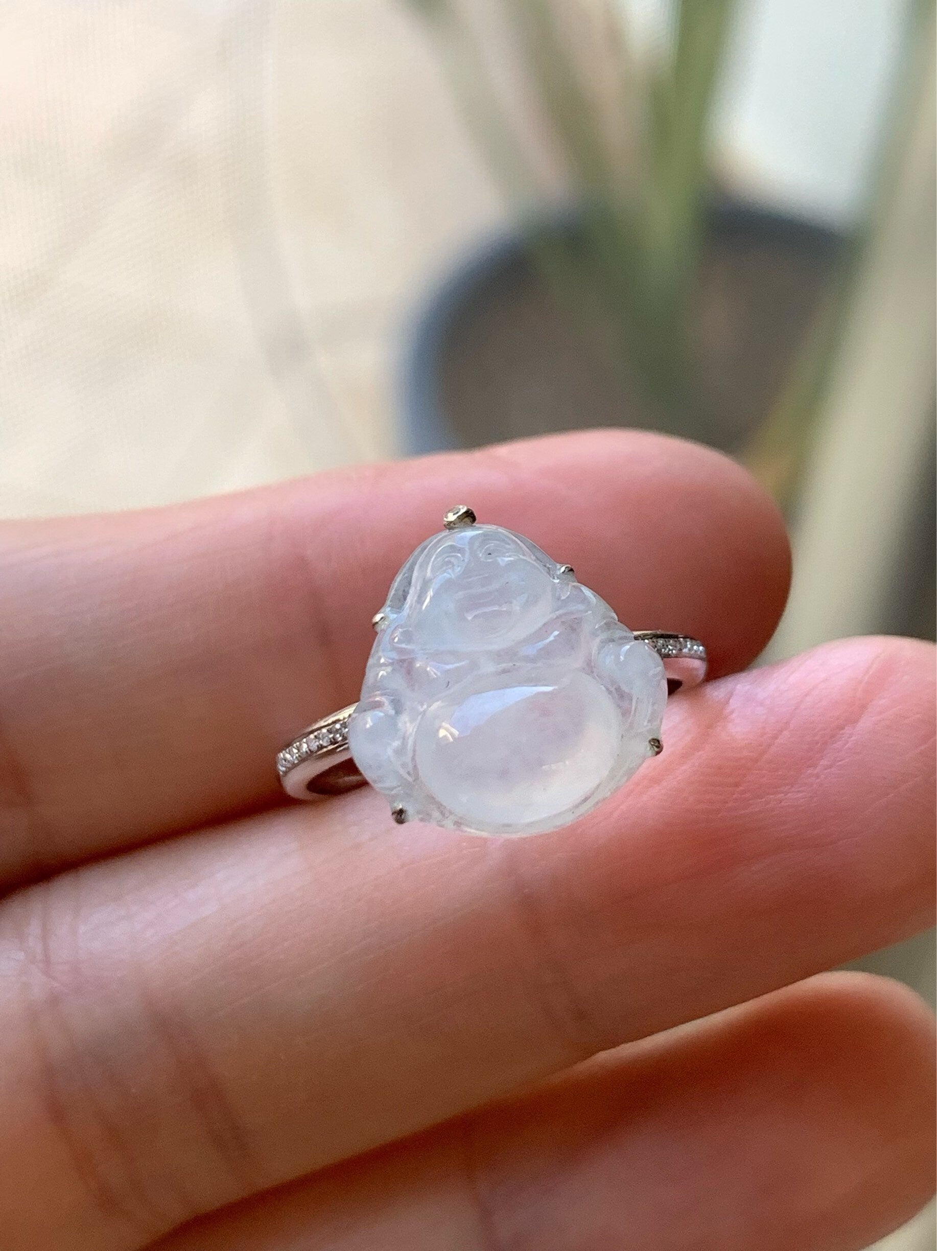 Certified Natural Burmese Translucent White Jadeite Buddha and Diamond Ring 18K White Gold Size 7 天然缅甸白冰翡翠佛公18K钻石镶嵌戒指
