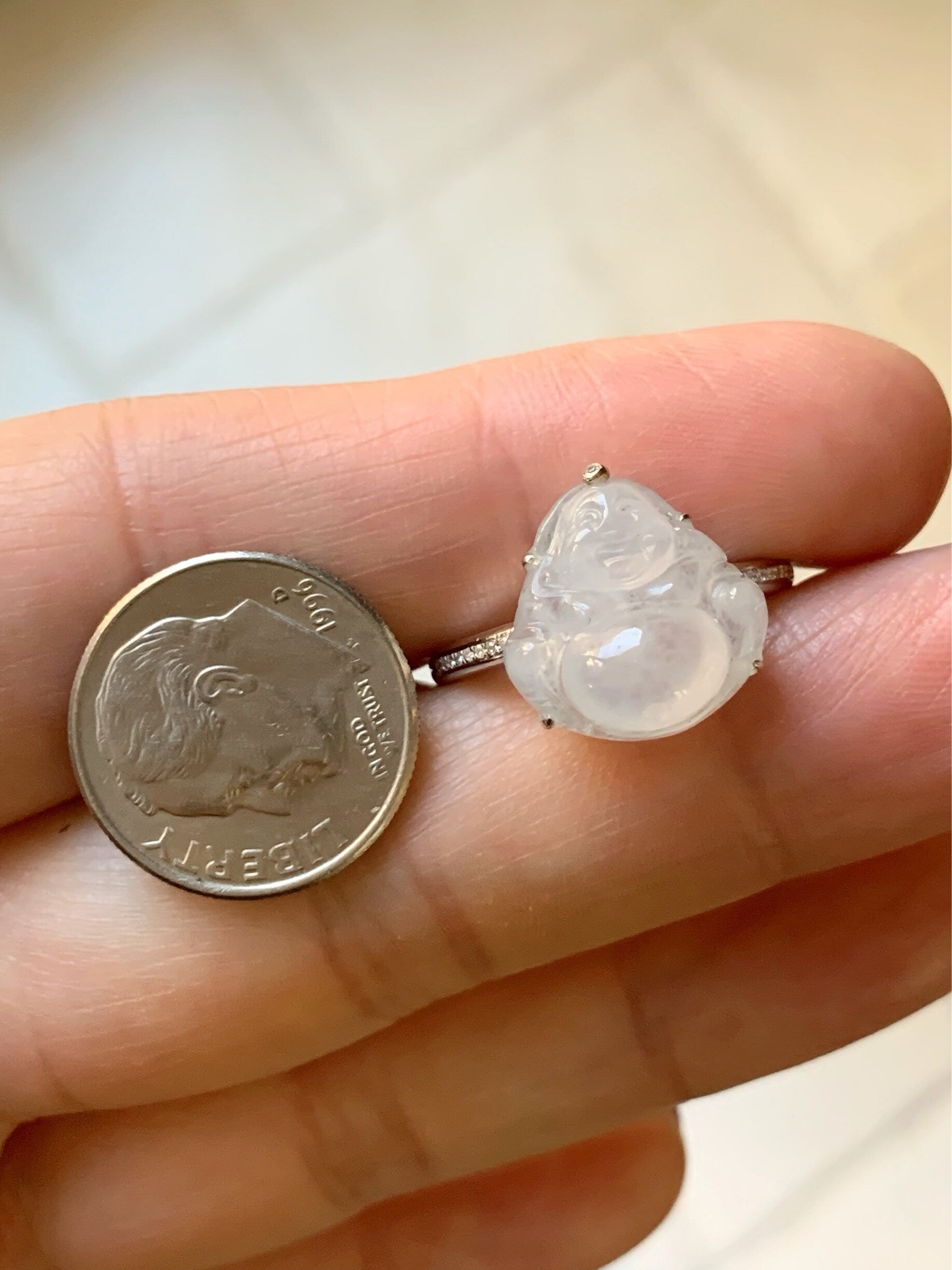 Certified Natural Burmese Translucent White Jadeite Buddha and Diamond Ring 18K White Gold Size 7 天然缅甸白冰翡翠佛公18K钻石镶嵌戒指