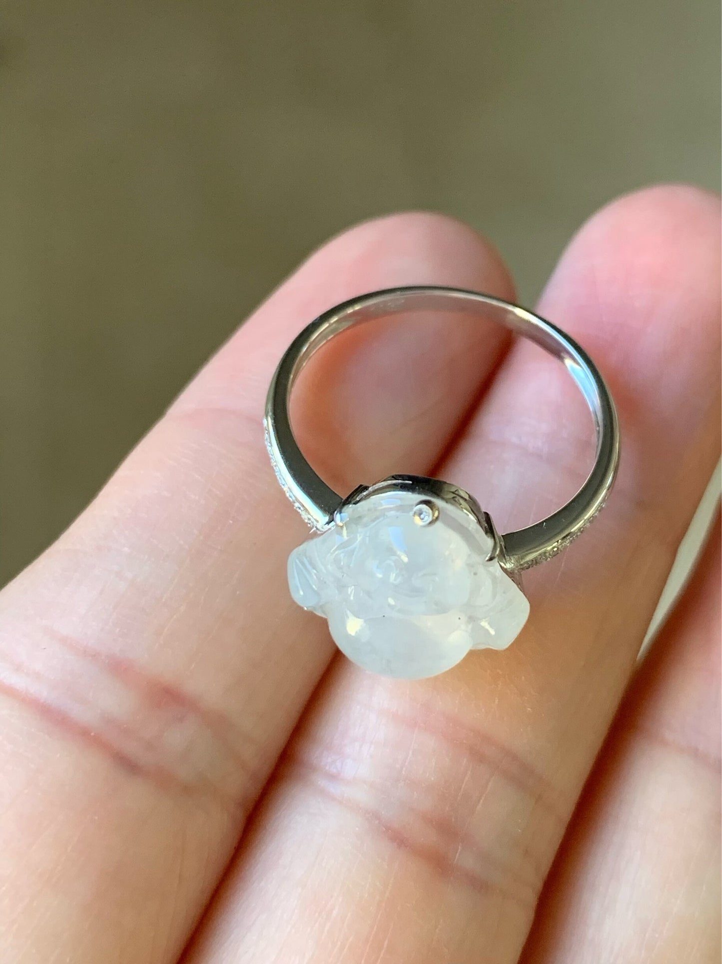 Certified Natural Burmese Translucent White Jadeite Buddha and Diamond Ring 18K White Gold Size 7 天然缅甸白冰翡翠佛公18K钻石镶嵌戒指