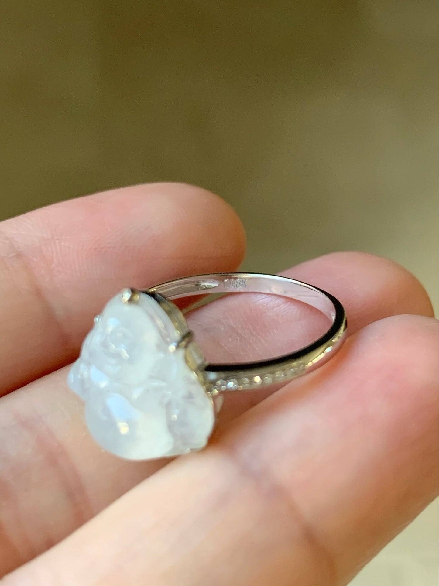 Certified Natural Burmese Translucent White Jadeite Buddha and Diamond Ring 18K White Gold Size 7 天然缅甸白冰翡翠佛公18K钻石镶嵌戒指