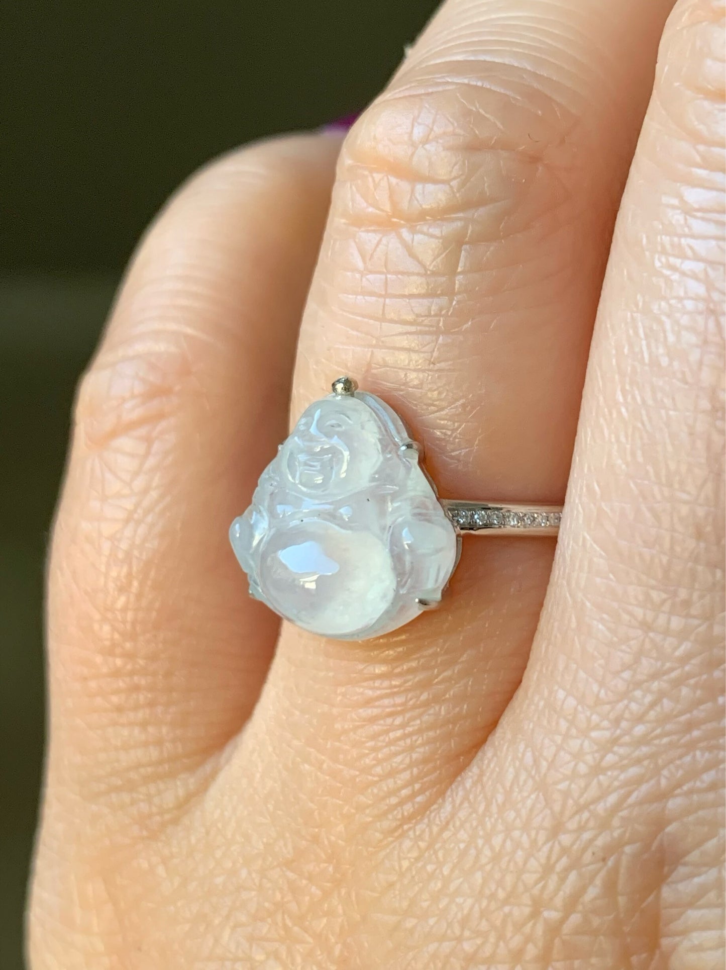 Certified Natural Burmese Translucent White Jadeite Buddha and Diamond Ring 18K White Gold Size 7 天然缅甸白冰翡翠佛公18K钻石镶嵌戒指