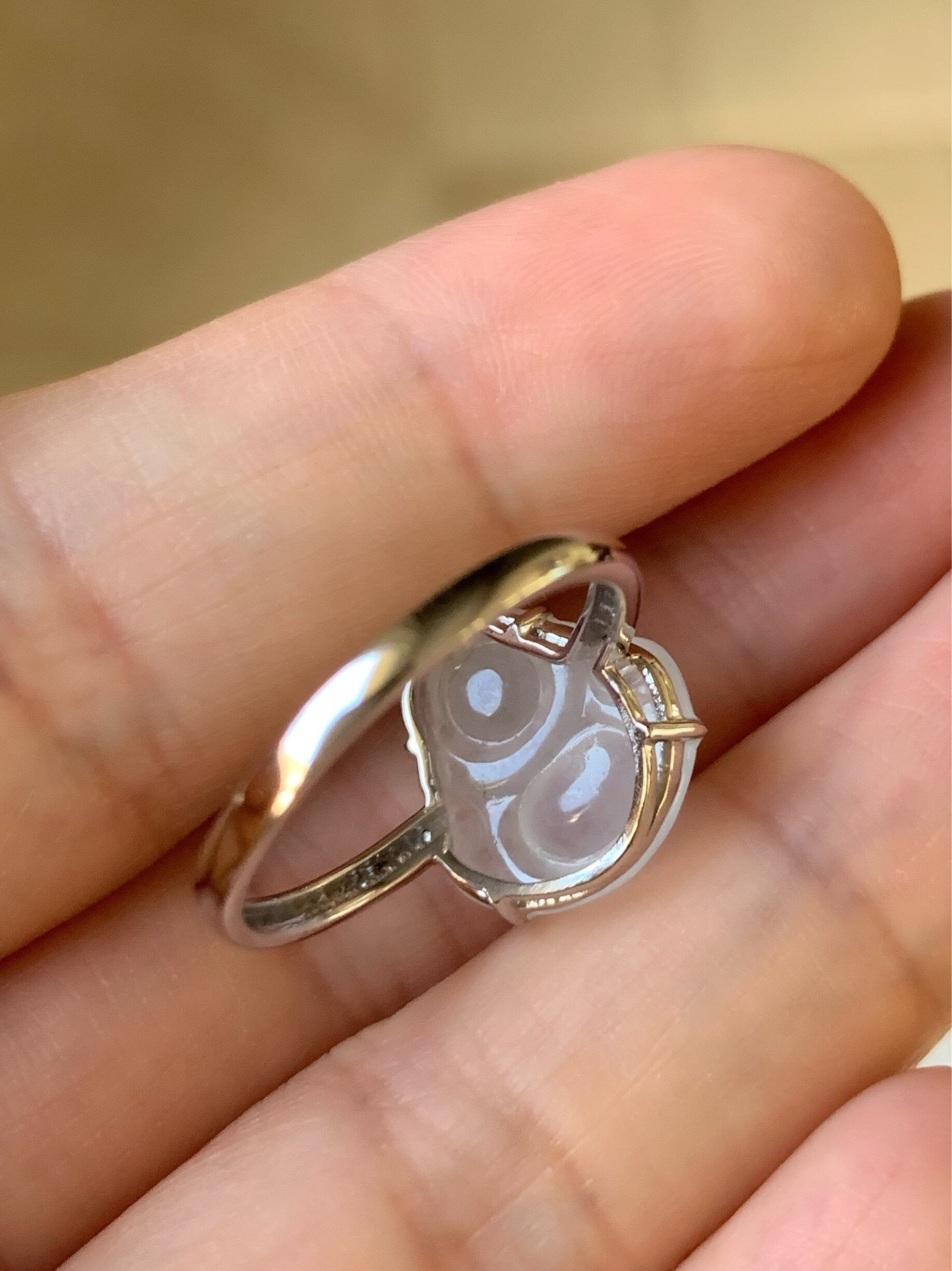 Certified Natural Burmese Translucent White Jadeite Buddha and Diamond Ring 18K White Gold Size 7 天然缅甸白冰翡翠佛公18K钻石镶嵌戒指