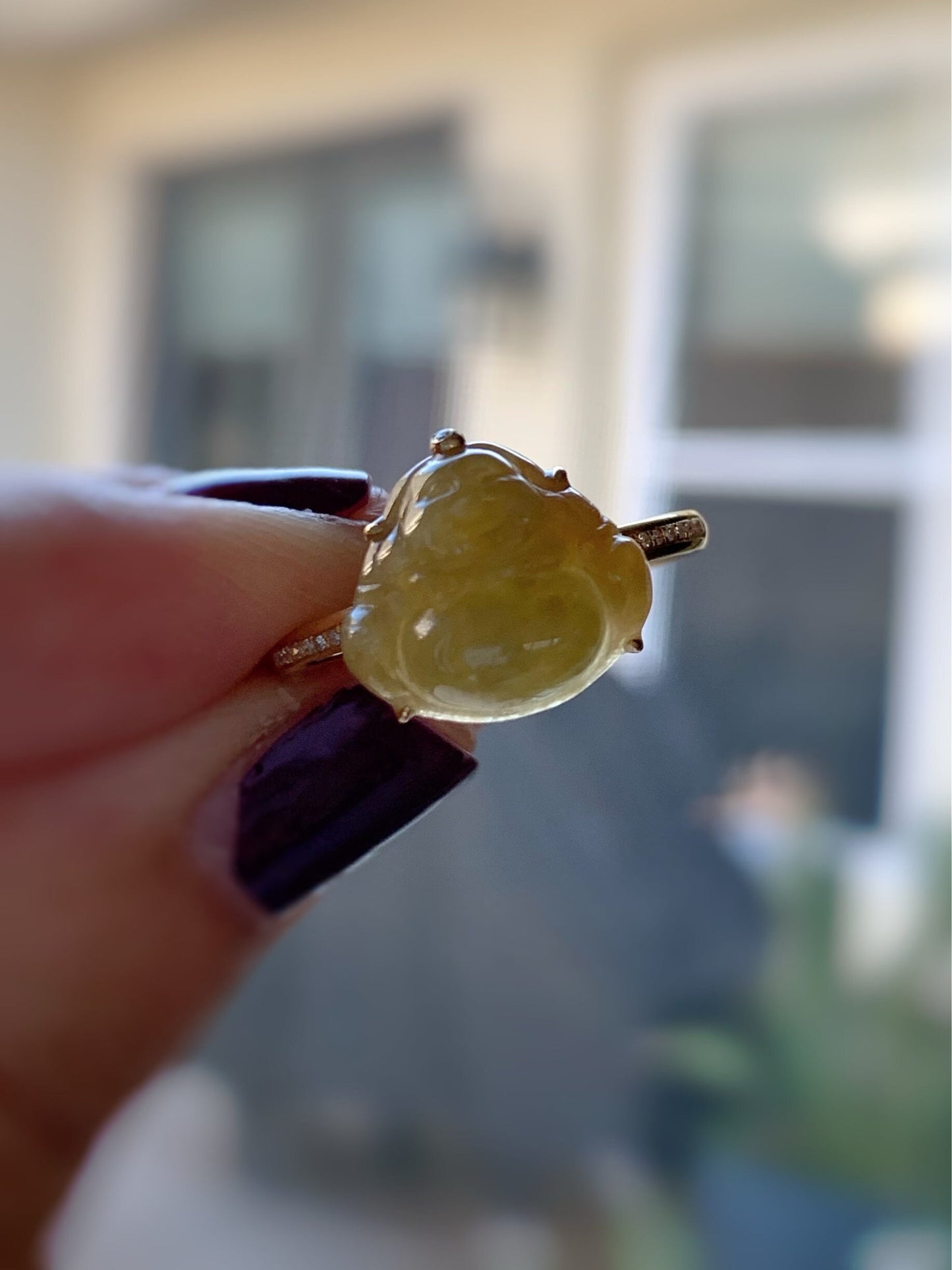 Certified Natural Burmese Translucent Intense Yellow Jadeite Buddha and Diamond Ring 18K Yellow Gold Size 7 天然缅甸冰黄翡翠佛公18K钻石镶嵌戒指