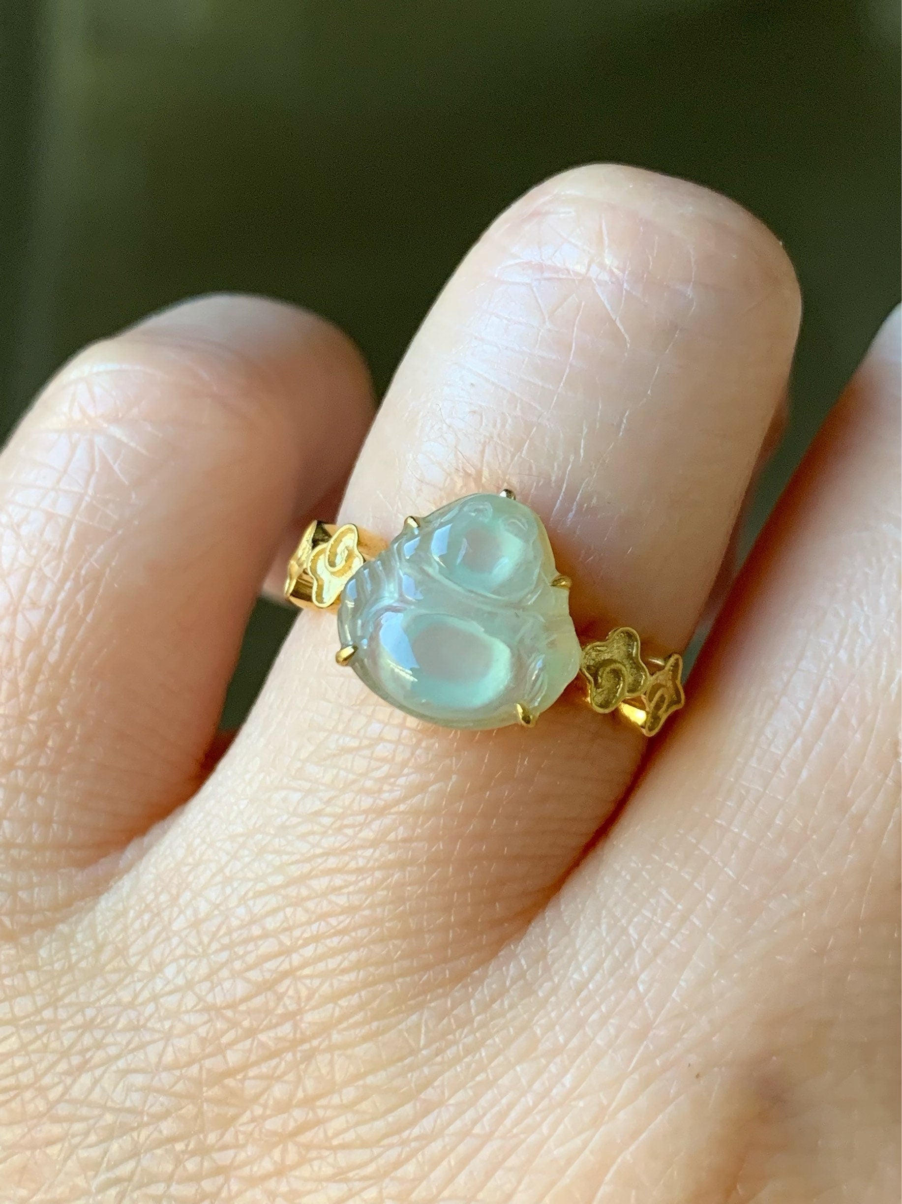 Certified Natural Burmese Premium Translucent Light Green Jadeite Buddha Ring 18K Yellow Gold Size 7 天然缅甸高冰起光晴底翡翠佛公18K镶嵌戒指