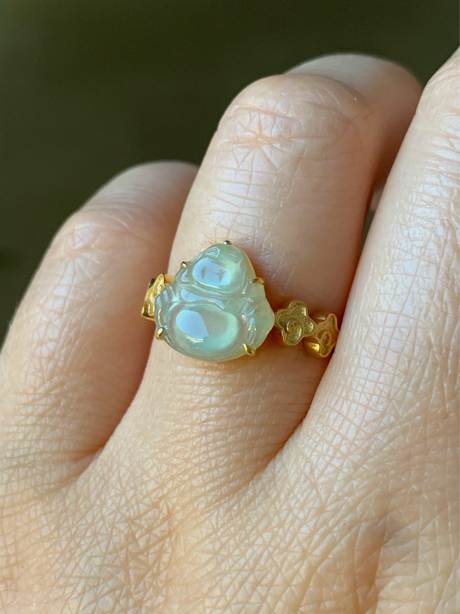 Certified Natural Burmese Premium Translucent Light Green Jadeite Buddha Ring 18K Yellow Gold Size 7 天然缅甸高冰起光晴底翡翠佛公18K镶嵌戒指