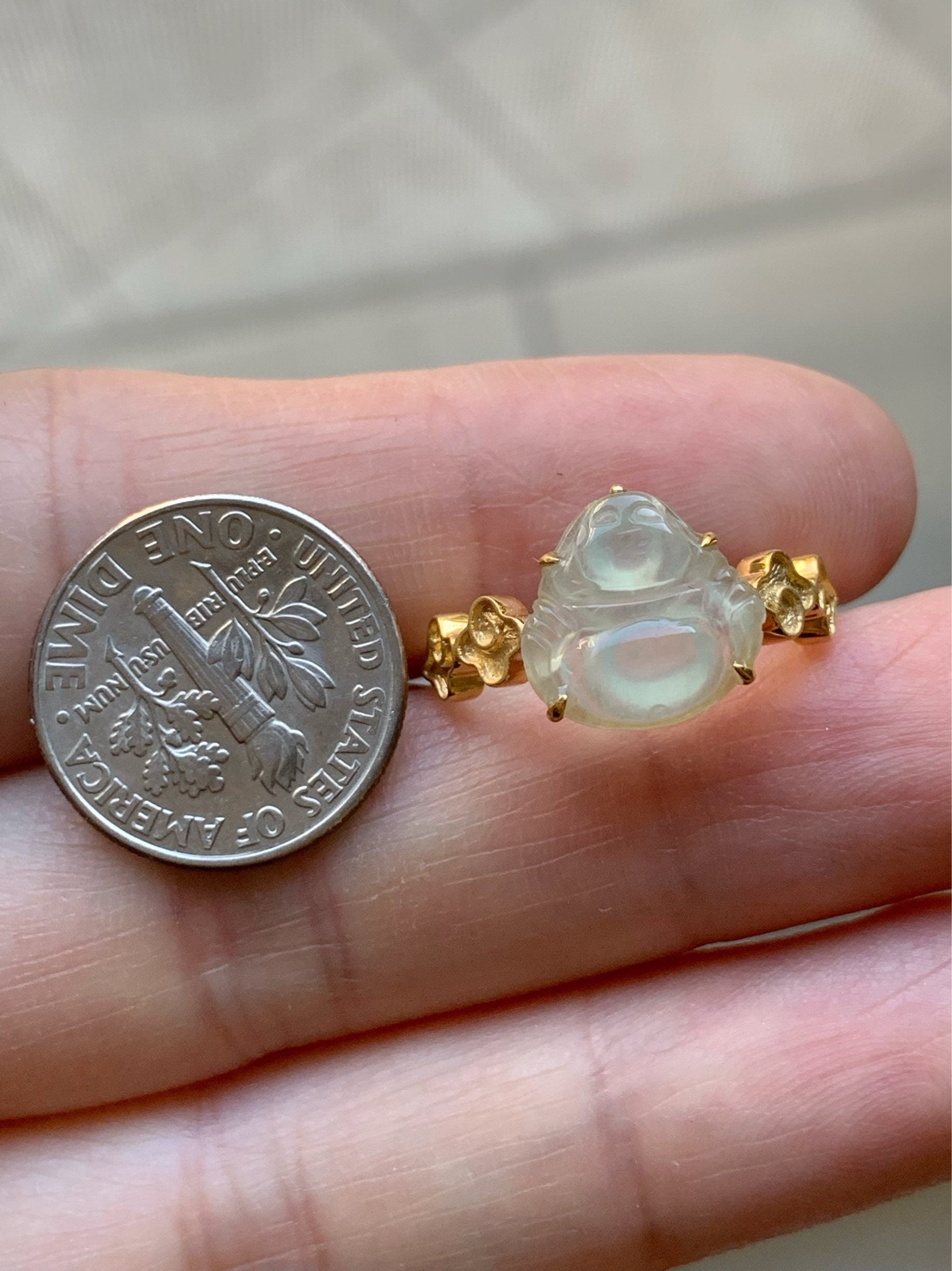Certified Natural Burmese Premium Translucent Light Green Jadeite Buddha Ring 18K Yellow Gold Size 7 天然缅甸高冰起光晴底翡翠佛公18K镶嵌戒指