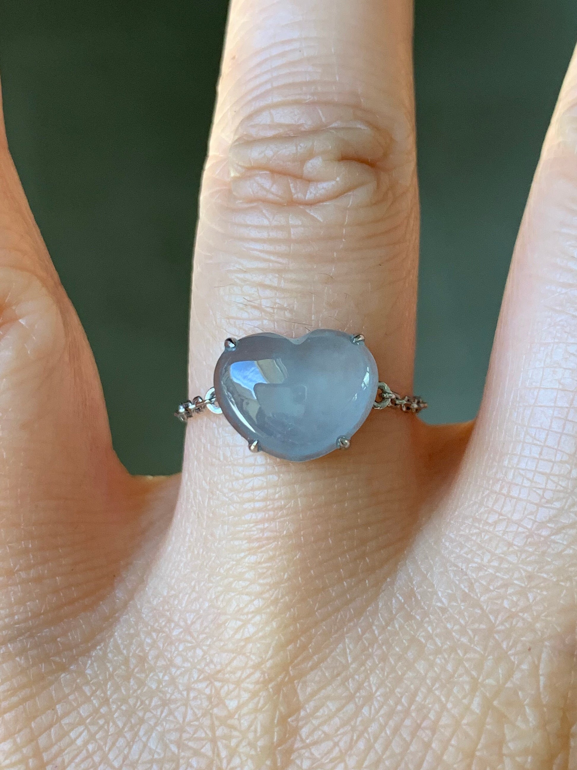 Certified Natural Burmese Premium Sky Blue Jadeite Heart Ring with adjustable Chain up to size 7.5 18K White Gold 天然缅甸正冰起光天空蓝翡翠爱心镶嵌戒指