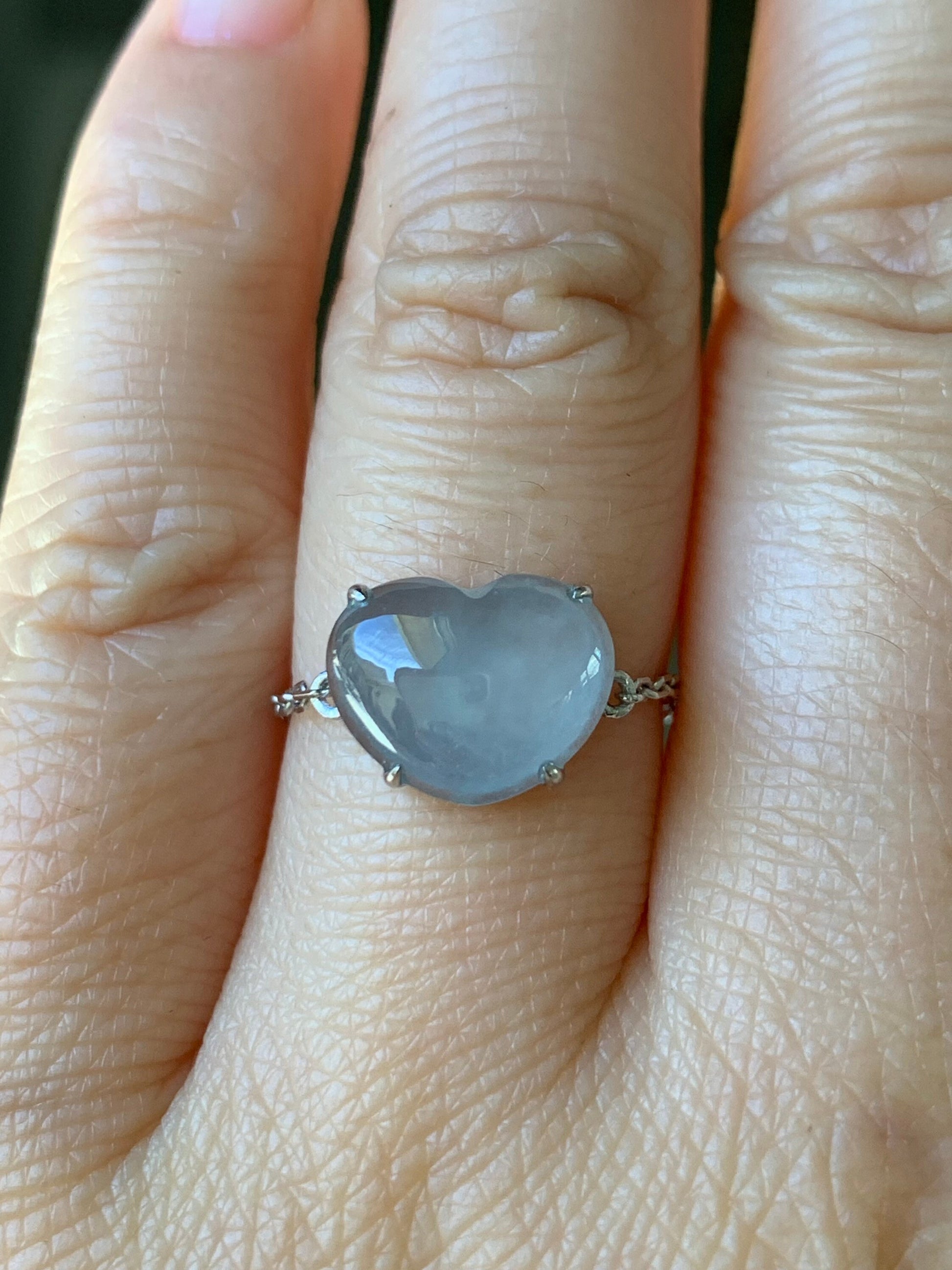 Certified Natural Burmese Premium Sky Blue Jadeite Heart Ring with adjustable Chain up to size 7.5 18K White Gold 天然缅甸正冰起光天空蓝翡翠爱心镶嵌戒指