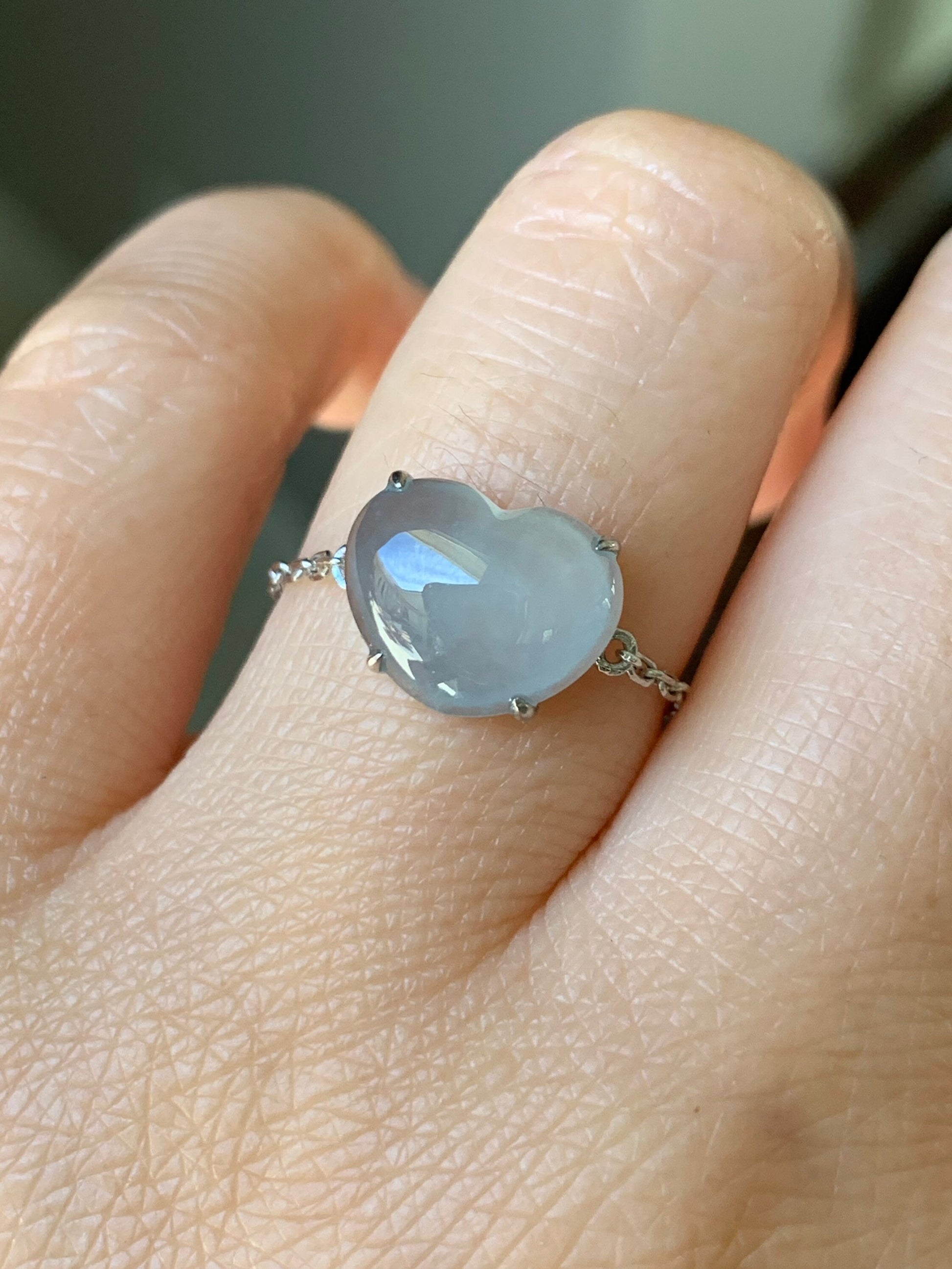 Certified Natural Burmese Premium Sky Blue Jadeite Heart Ring with adjustable Chain up to size 7.5 18K White Gold 天然缅甸正冰起光天空蓝翡翠爱心镶嵌戒指