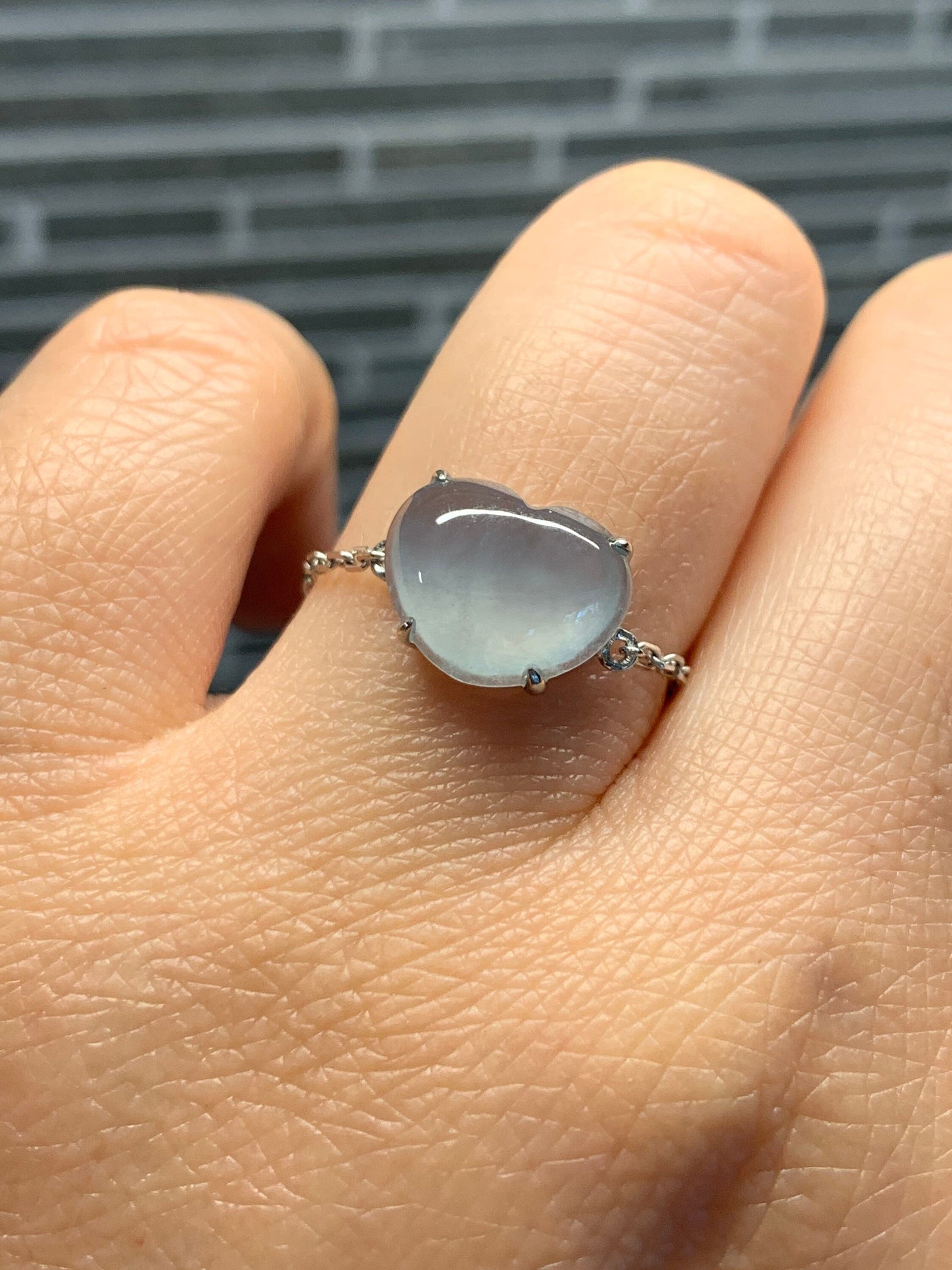 Certified Natural Burmese Premium Sky Blue Jadeite Heart Ring with adjustable Chain up to size 7.5 18K White Gold 天然缅甸正冰起光天空蓝翡翠爱心镶嵌戒指