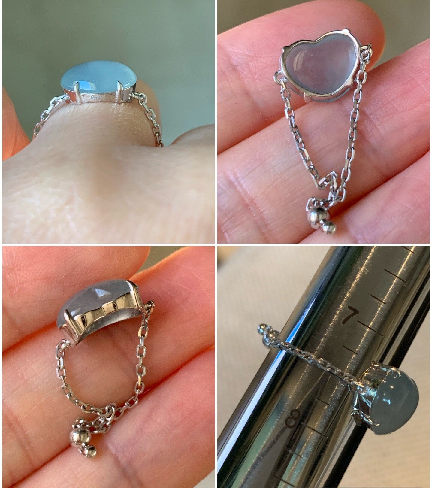 Certified Natural Burmese Premium Sky Blue Jadeite Heart Ring with adjustable Chain up to size 7.5 18K White Gold 天然缅甸正冰起光天空蓝翡翠爱心镶嵌戒指
