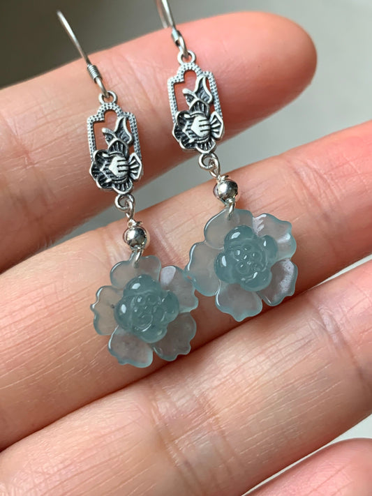 Natural Guatemalan Premium Highly Translucent Sky Blue Jadeite Carved Lotus Flower Dangle Earrings S925 Silver 天然危地马拉正冰天空蓝翡翠莲花银镶耳钩