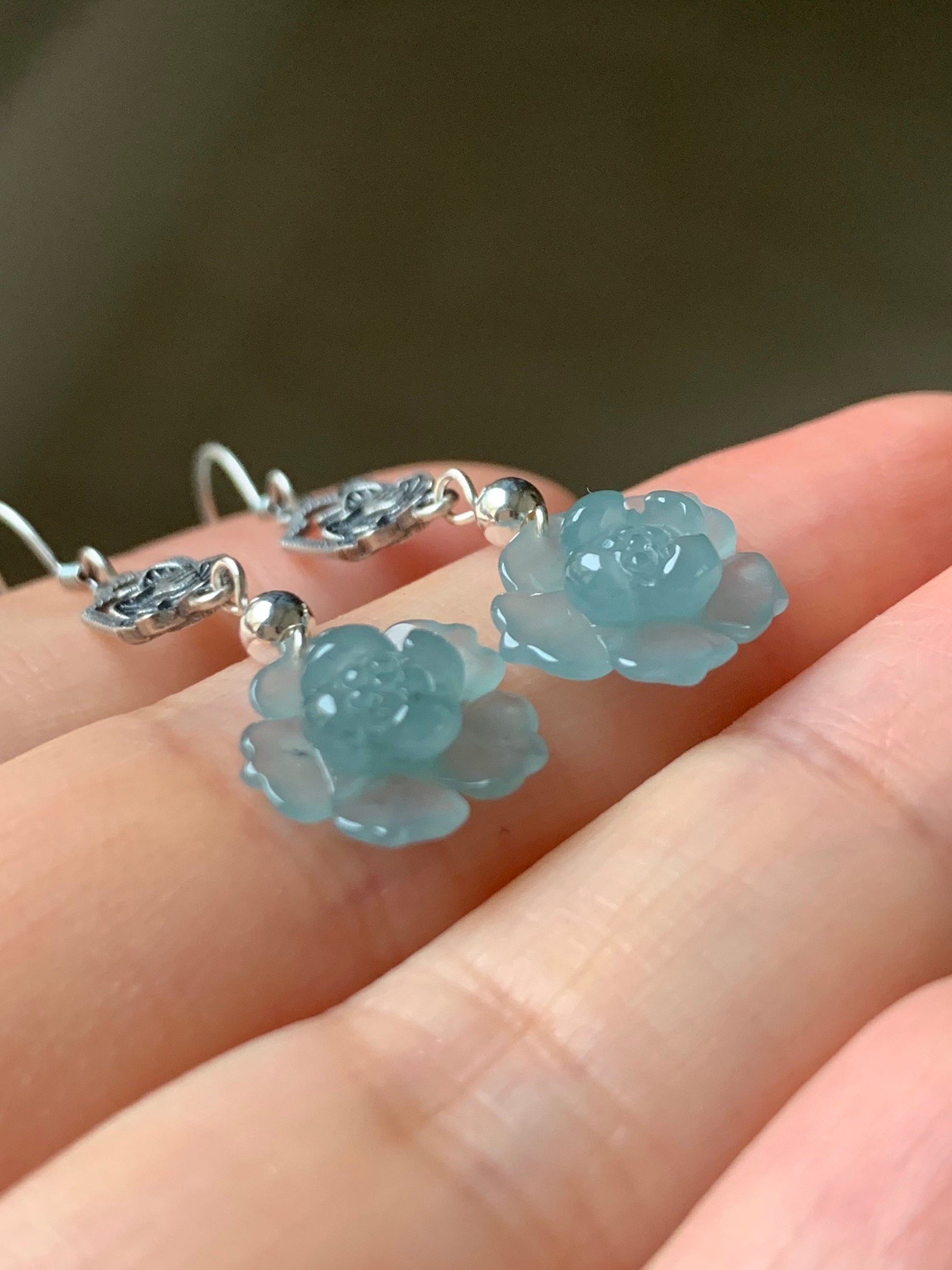 Natural Guatemalan Premium Highly Translucent Sky Blue Jadeite Carved Lotus Flower Dangle Earrings S925 Silver 天然危地马拉正冰天空蓝翡翠莲花银镶耳钩